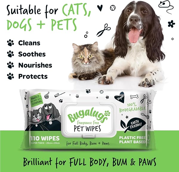 BUGALUGS Dog Wipes, 100% Plastic Free Biodegradable pet wipes for full body, eye wipes, ear wipes, bum & paws. 110 sensitive dog grooming wipes for dogs, puppy & cat grooming (Fragrance Free) - 2