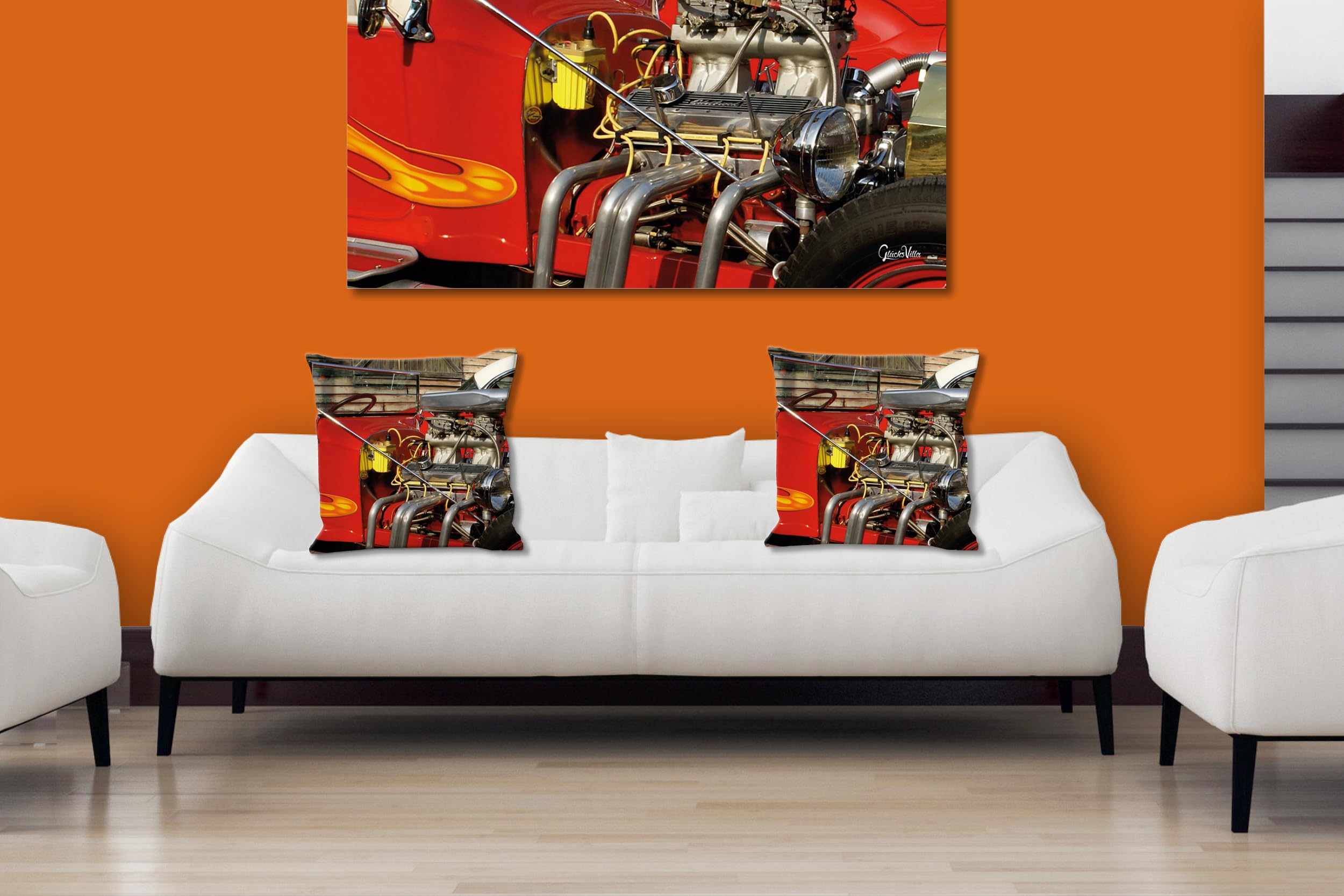 Red Hot Rod - Foto-Kissen-Hülle Set (2 STK.) 40 x 40 cm | Kissen-Bezüge - passend zu Wandbild - Deko-Kissen - Auto Fahrzeug Oldtimer Technik USA