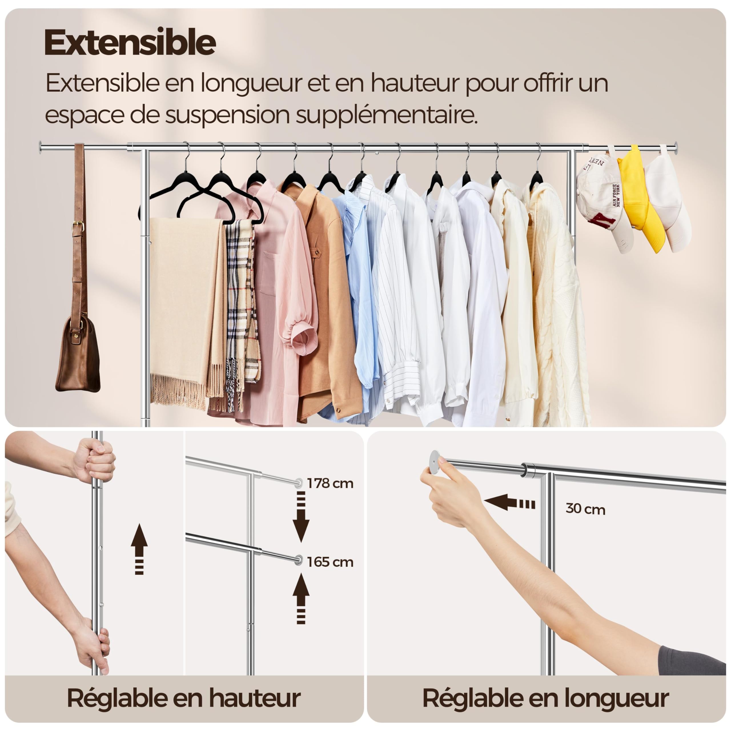 Yaheetech Portant à Vêtement Porte-manteau avec Etagères à Chaussures Métal Chromé Plus Long Haut Large Réglable Pliable avec Roulettes Mobile Charge 90kg, 190 x 55 x 178 cm