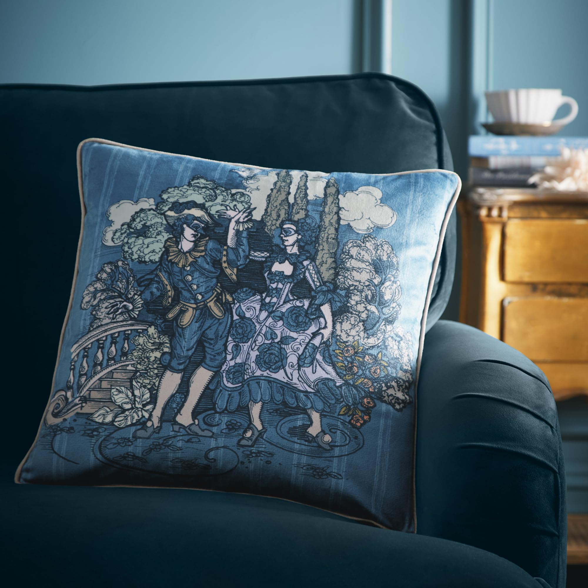 Laurence Llewelyn-Bowen Blue Tuscan Toile-Velvet 43 X 43Cm Filled Cushion In | Size: 43Cm X 43Cm