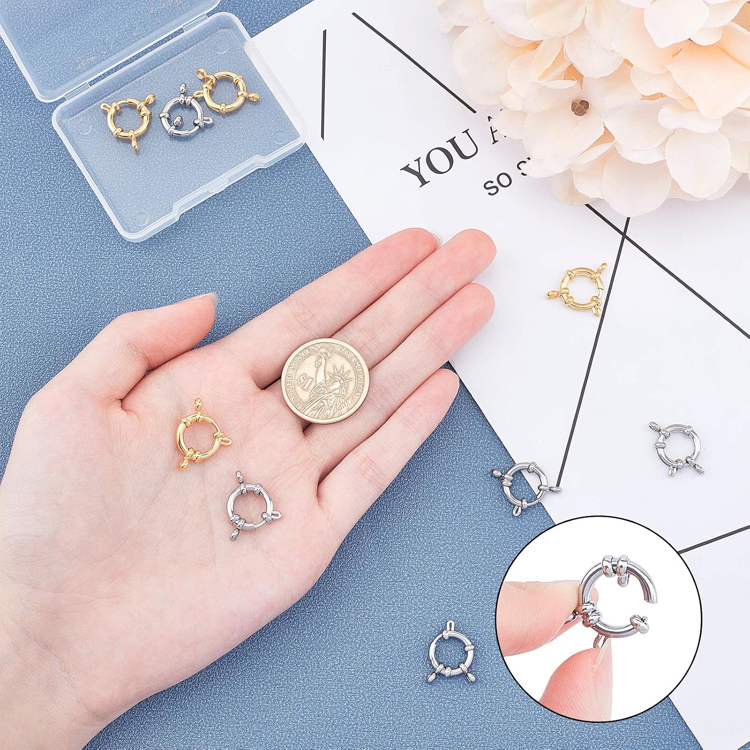 UNICRAFTALE 10pcs 2 Colors Spring Clasps Stainless Steel Spring Ring Clasps Smooth Surface Jewelry Clasp Connector for DIY Jewelry Making Golden and Stainless Steel Color 14mm Wide - Image 4