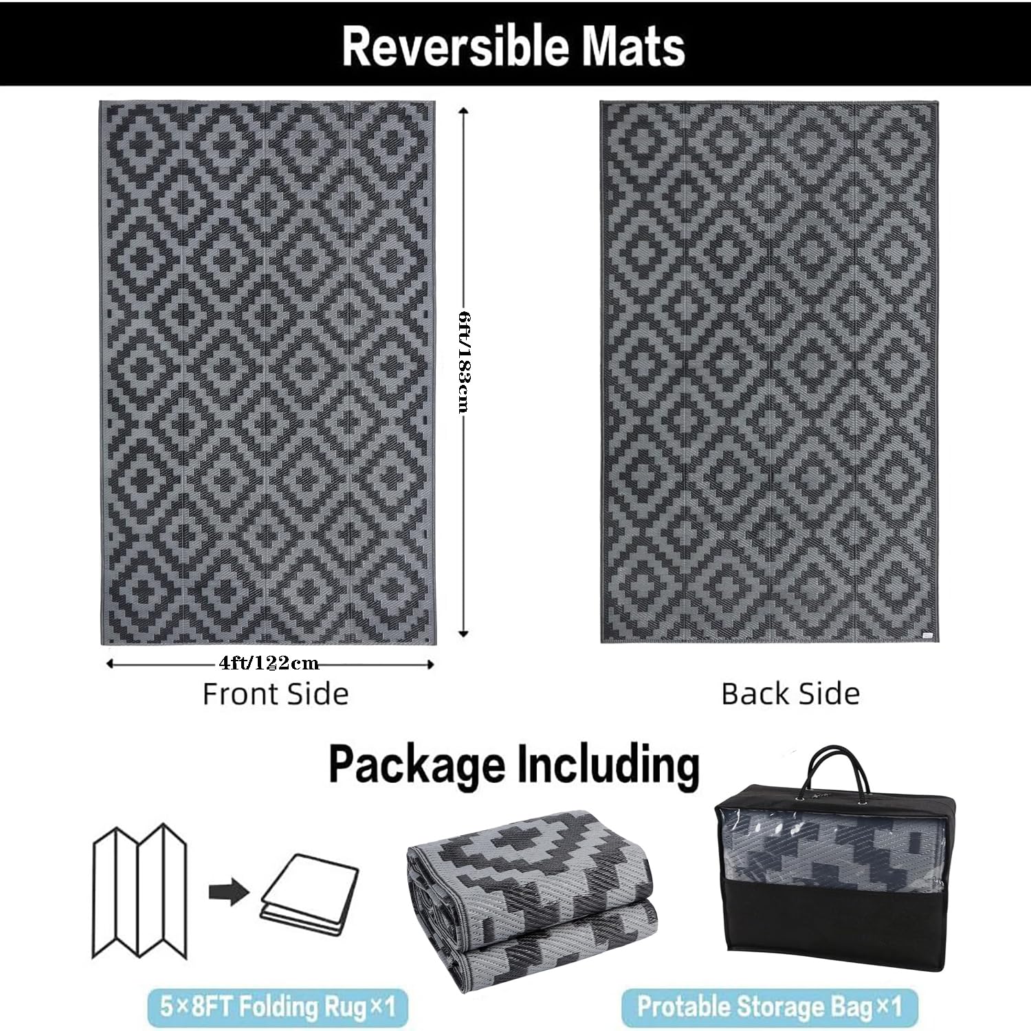 Tapis Exterieur Noir et Gris 120x180 Tapis Plastique Réversible Petite,Tapis de Sol Camping Car Exterieur Portable,Tapis Imperméable Rectangulaire Pliable pour Terrasse Jardin Balcon Plage