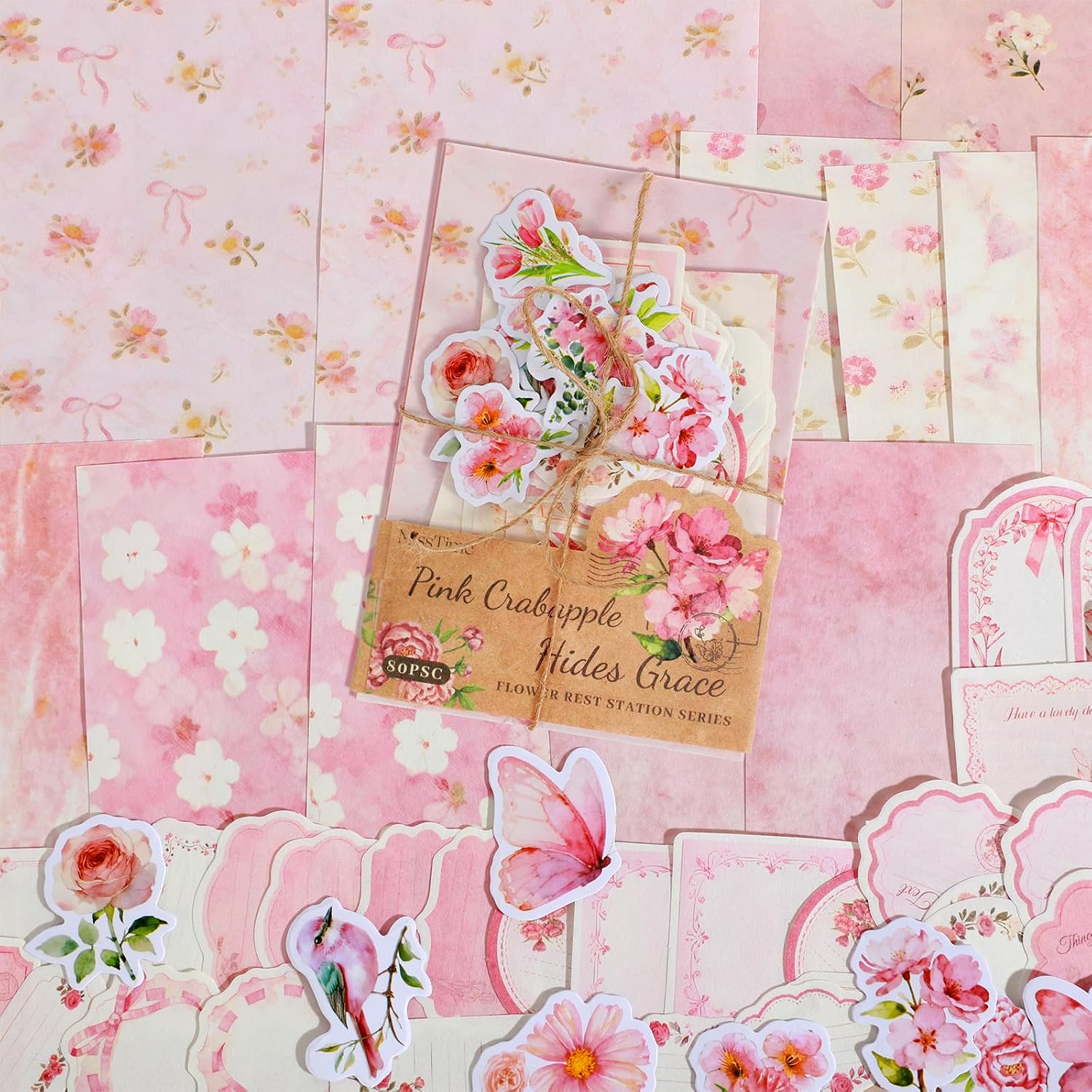 Kynigo Vintage Floral Scrapbook Paper Journaling Stickers Assorted Set, 80pcs Pink Paper Memo Junk Journal Supplies for Bullet Journaling Retro Crafts Planner Collage Card Album
