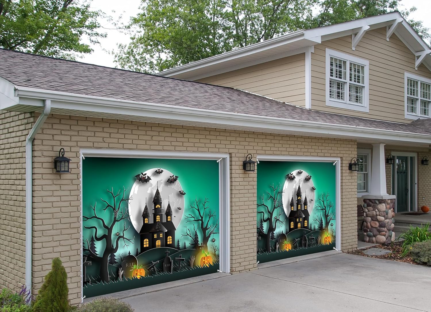 7x8ft Haunted Halloween Castle Garage Door Decor Giant Full Moon Bat Ensemble Gothic Mansion Gravestones Garage Door Cover for Seasonal Horror Themed Backdrop Decor