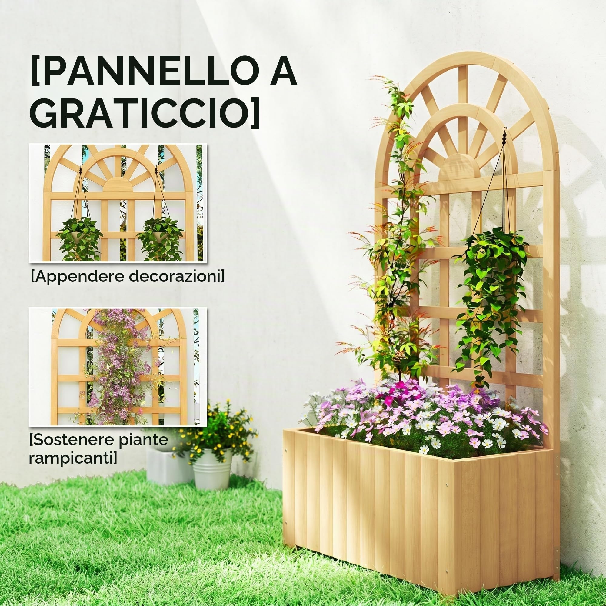 Outsunny Fioriera con griglia in legno, grande fioriera da esterno per piante rampicanti, con fori di drenaggio, vaso rialzato per giardino, patio, terrazza, 60x30x120 cm, naturale