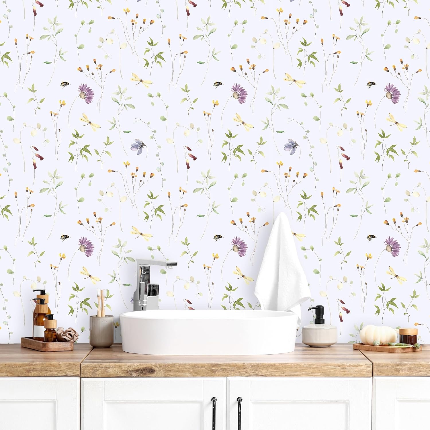 Wildflower Floral Peel and Stick Wallpaper Adhesive Flower Wall Paper for Girls Room Nursery 17.7"x160" Prepasted Floral Wall Mural Removable Botanical Wallpaper for Bedroom Bathroom Walls