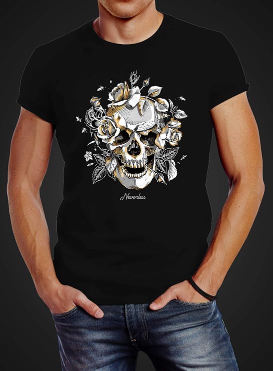 Neverless Herren T-Shirt Mit Totenkopf & Rosen – Slim Fit, 100% Baumwolle, Bis Größe 4XL