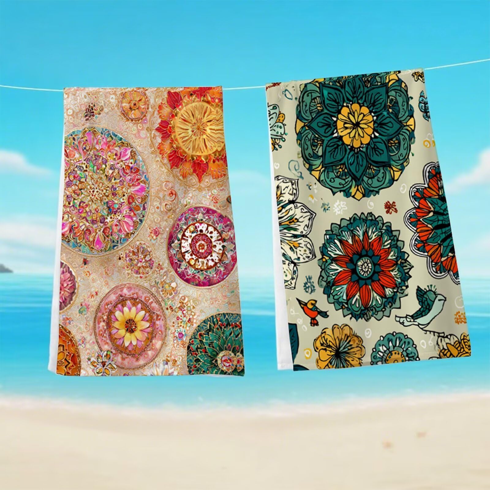 Telo Mare Microfibra 80x160 cm Telo Mare Grande, Asciugamano Palestra Assorbente Asciugatura Rapida, Asciugamano Mare Antisabbi Stuoia Spiaggia per Piscina, Viaggio 2 Set- Bohémien Retrò G1-360