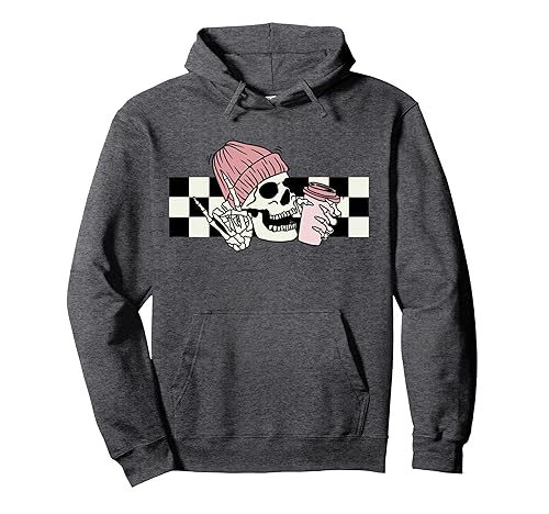 Skeleton Peace Sign Coffee Checkerboard Pullover Hoodie