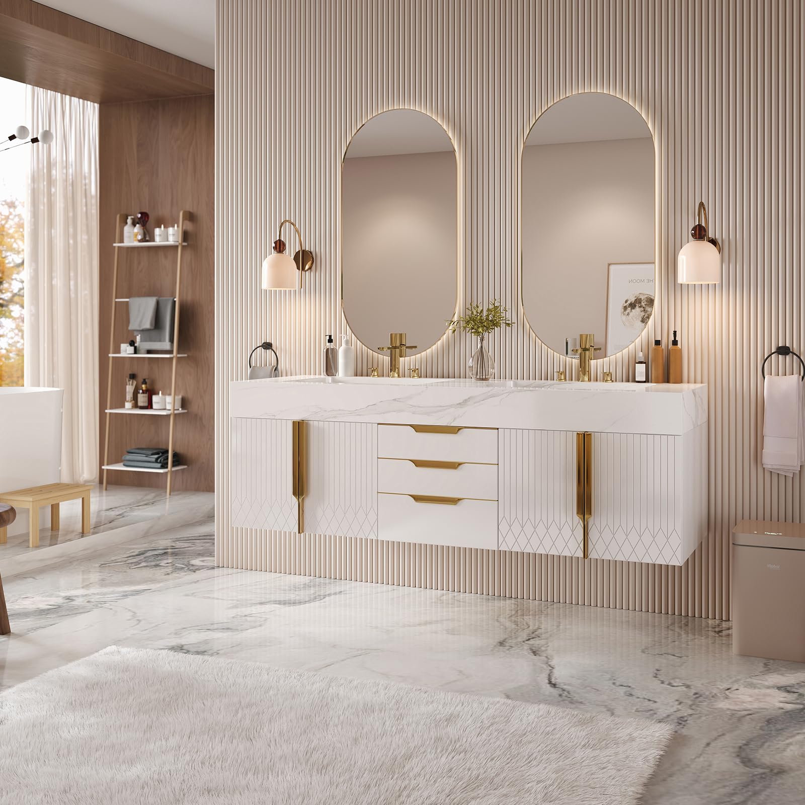 Homary Mueble de baño Flotante 59" con Lavabo, Mueble de baño con Lavabo Doble montado en la Pared con encimera de Piedra sinterizada y Amplio Espacio de Almacenamiento, Blanco.