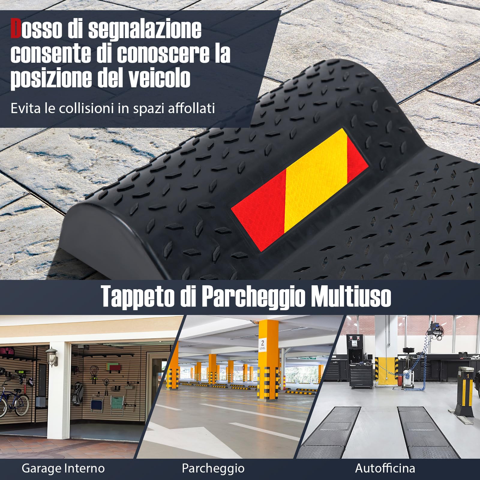 COSTWAY 2 Pezzi Tappeto Ferma Ruote, Set di Fermaruote per Parcheggio con Striscia di Avvertimento, Superficie Antiscivolo, 53 x 25,5 x 5 cm