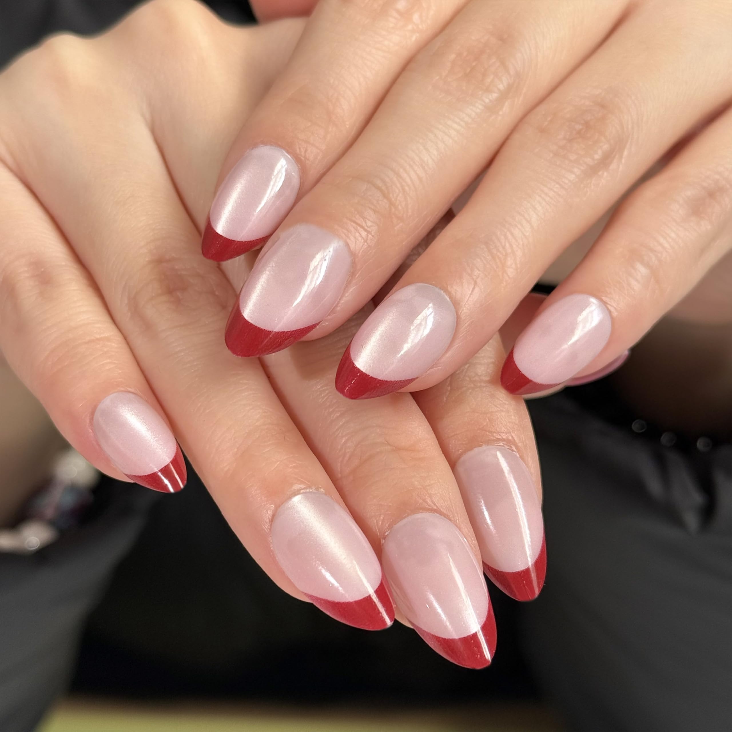 French Tip Press On Nails 24 PCS Almond Fake Nails Reusable Stick On Nails Glossy Nude Pink Red Artificial Nails Full Cover Nail Kit for Women & Girls-image-30
