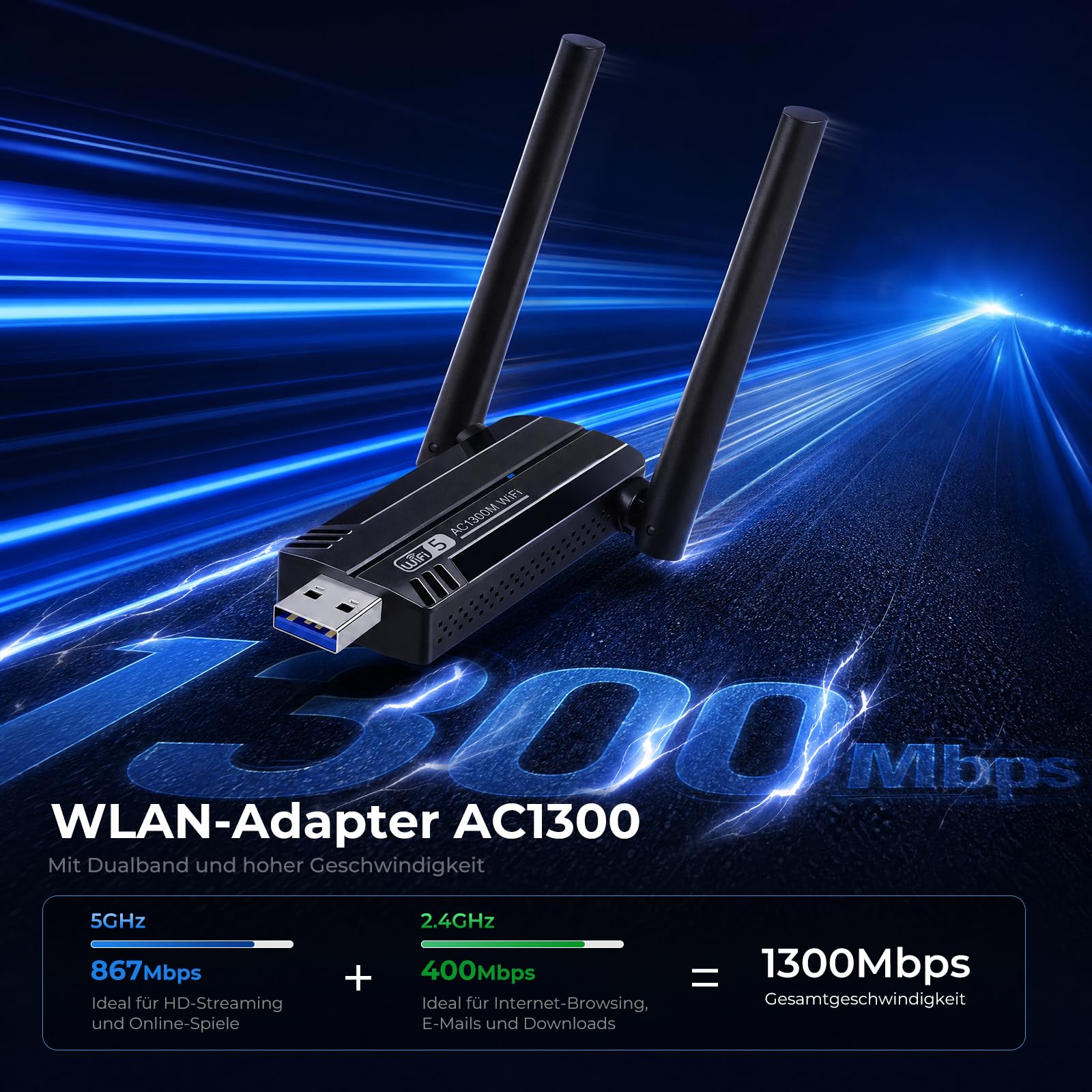 Adapter WLAN dla komputera — adapter WiFi 1300 Mbps dwupasmowy 2,4 GHz/5,8 GHz USB 3.0 z 2 antenami 5 dBi, dla komputera stacjonarnego/laptopa, kompatybilny z systemami Windows 11/10/8/7/Vista/XP, Mac