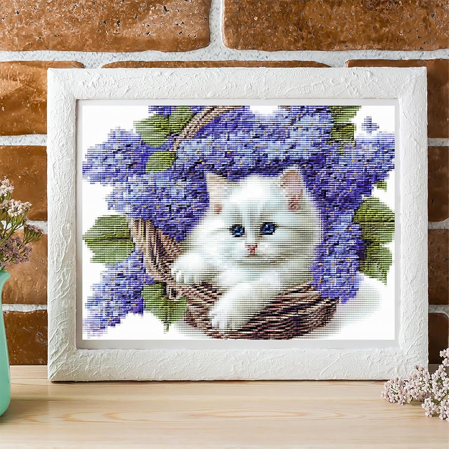 KFBXZIP White Cat in Basket Lilac Hyacinth Flower DIY 11CT Stamped Cross Stitch Kits for Beginners Easy Needlepoint Embroidery Counted Cross Stitch Art Craft for Wall Decoration, 12x16 inch