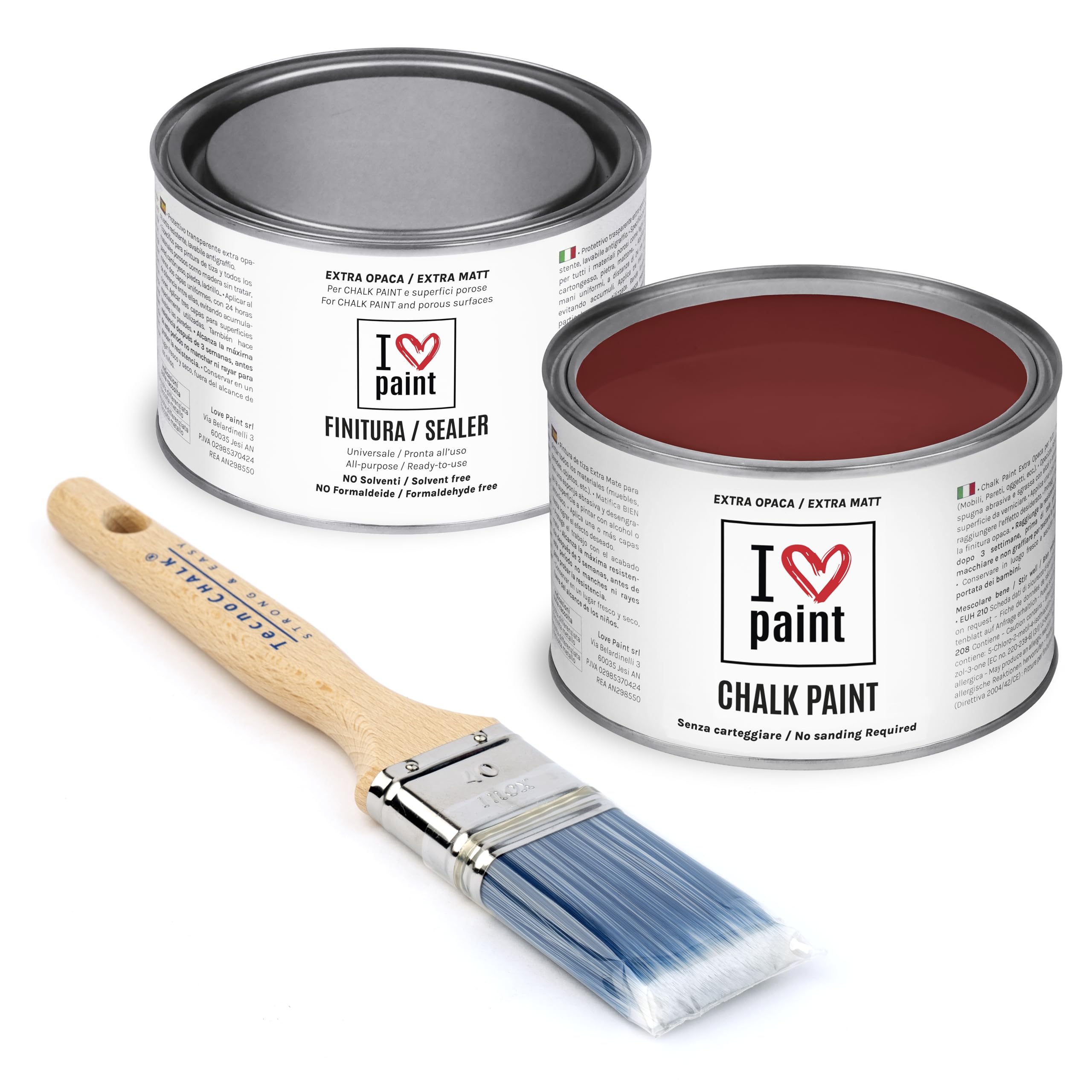 I Love Chalk Paint – Kit Completo Vernice, Finitura e Pennello - Pittura Senza Carteggiare – Colore Rosso Ossido (375ml Chalk Paint + 375ml Finitura + Pennello 40mm)