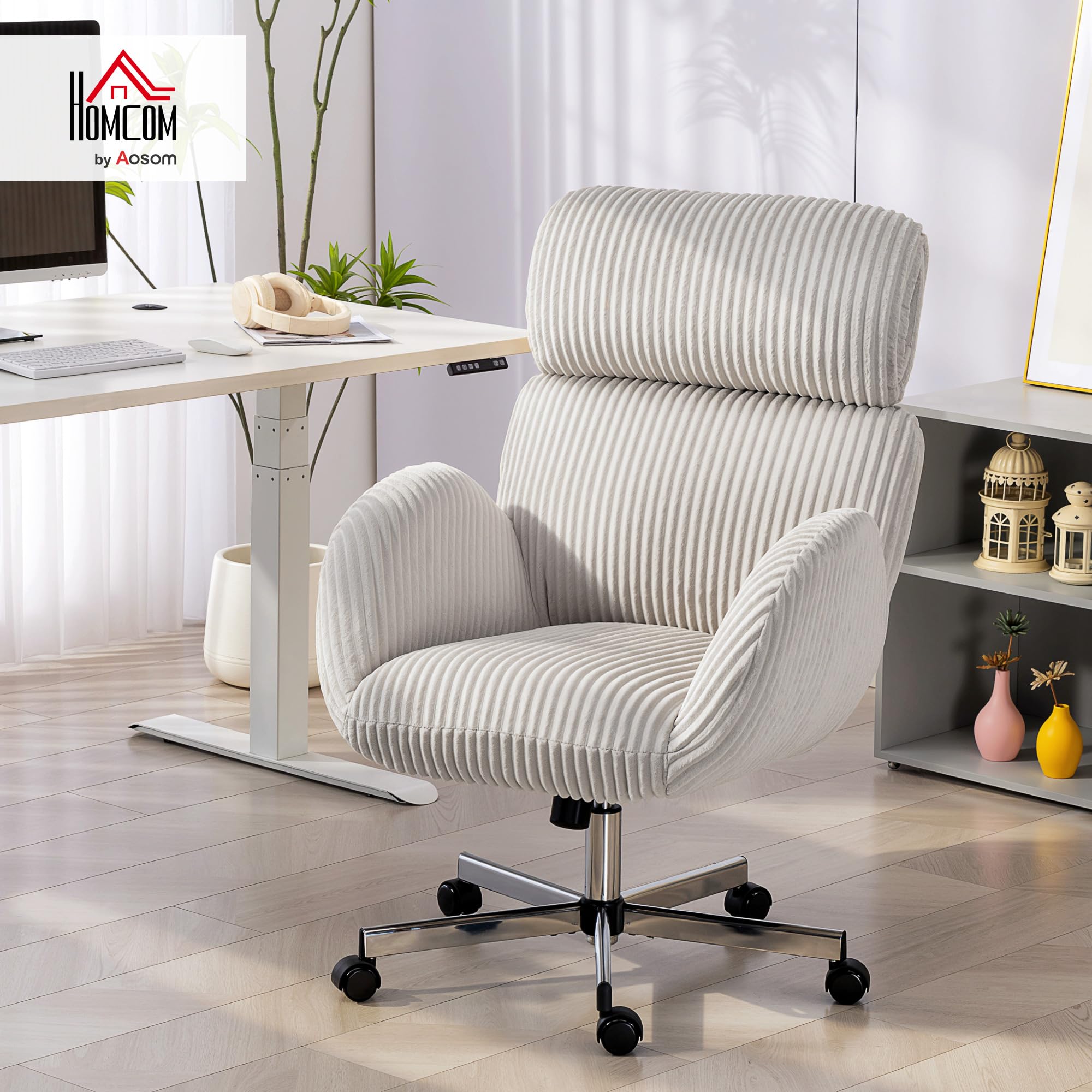 HOMCOM Silla de Oficina Piernas Cruzadas Reposabrazos Respaldo Alto Gris | Silla de Escritorio, Reposacabezas Regulable, Ruedas, Altura Ajustable, Giratoria, Función Basculante, Tapizada en Pana