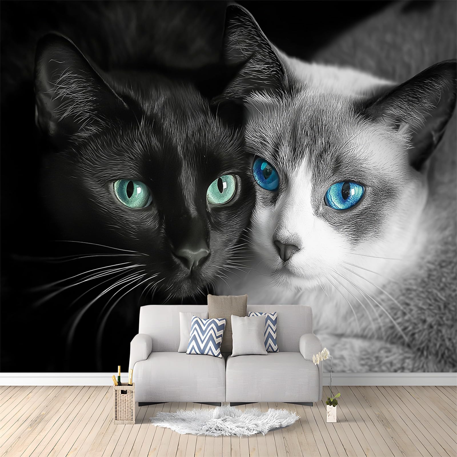 Photo Wallpaper Black Gray Animal Cat 400x280 cm Non-Woven Wall Mural, 3D Wallpaper Roll Mural, Moderne Living Room Bedroom Art Poster Mural Wallpaper