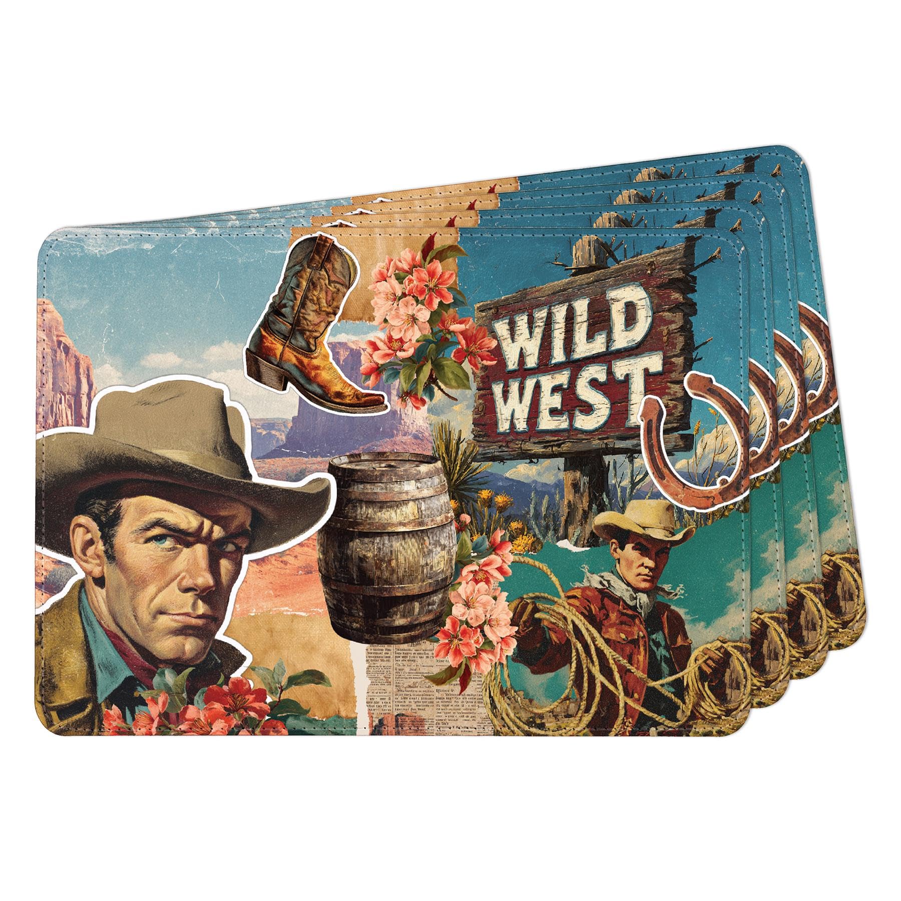 Set of 4 Faux Leather Placemats - Wild West Ranch Hand Collage - Waterproof Wipeable Dining Table Mats, 28 x 20cm