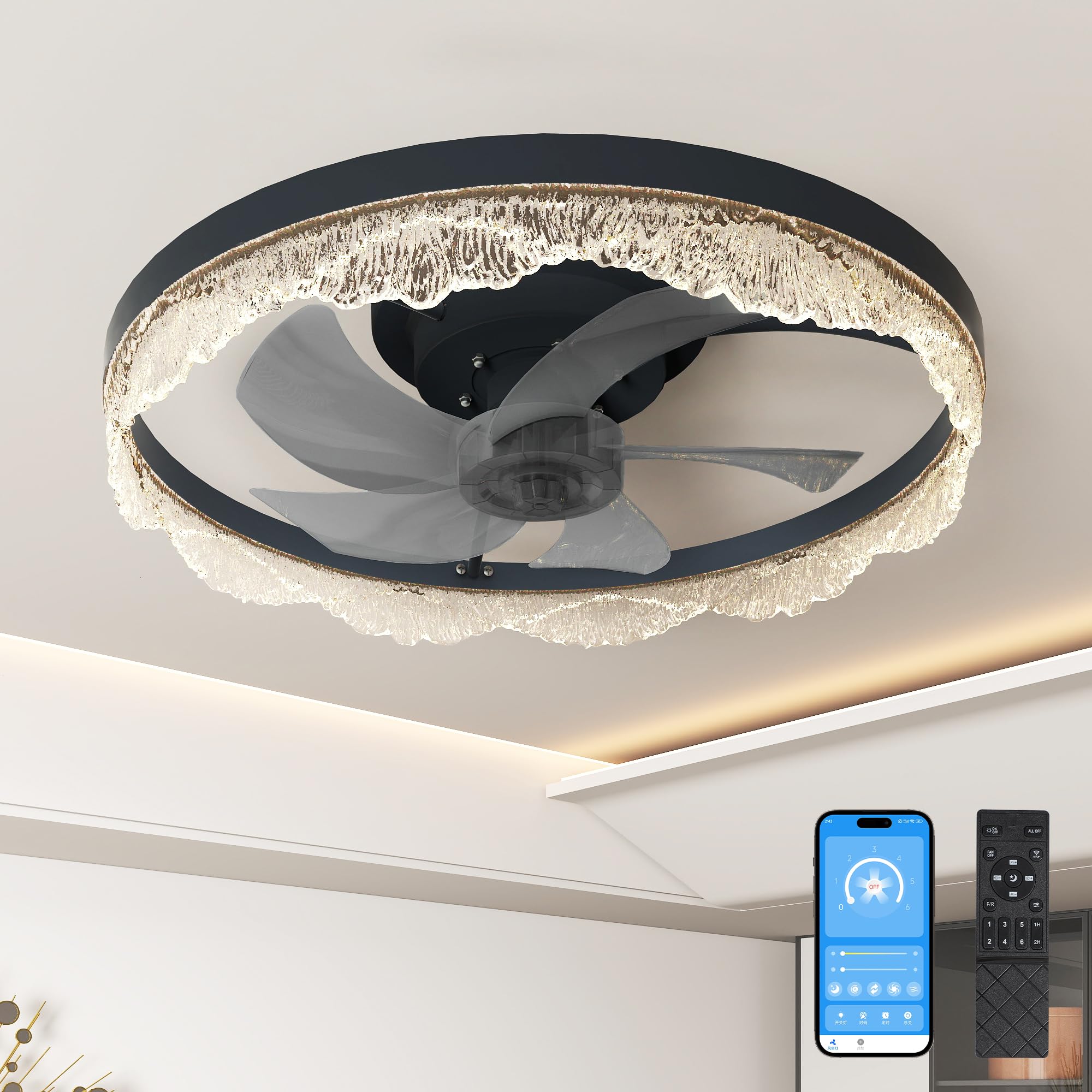 20" Modern Flush Mount LED Ceiling Fan Light with Crystal-Inspired Acrylic Ring, Hidden Blades, Remote & APP Control, Dimmable Lighting for Bedroom & Living Room (Black)