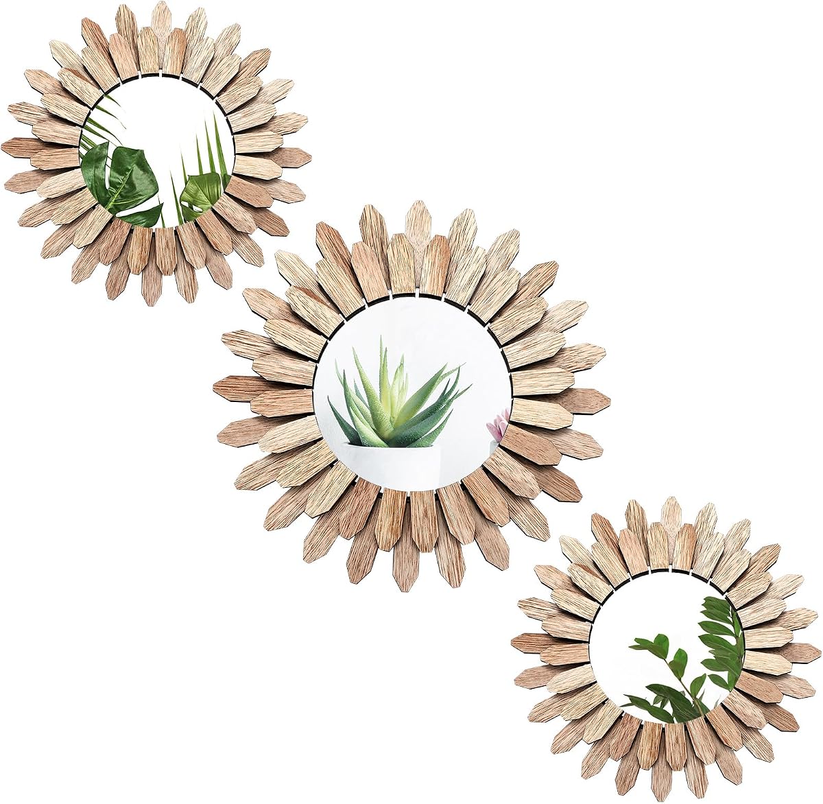 Fourluoo 3 Pack Boho Wall Decor Mirror Wood Sunburst Mirror Rustic Farmhouse Wall Art Decor for Room Home Living Room Bedroom Entryway