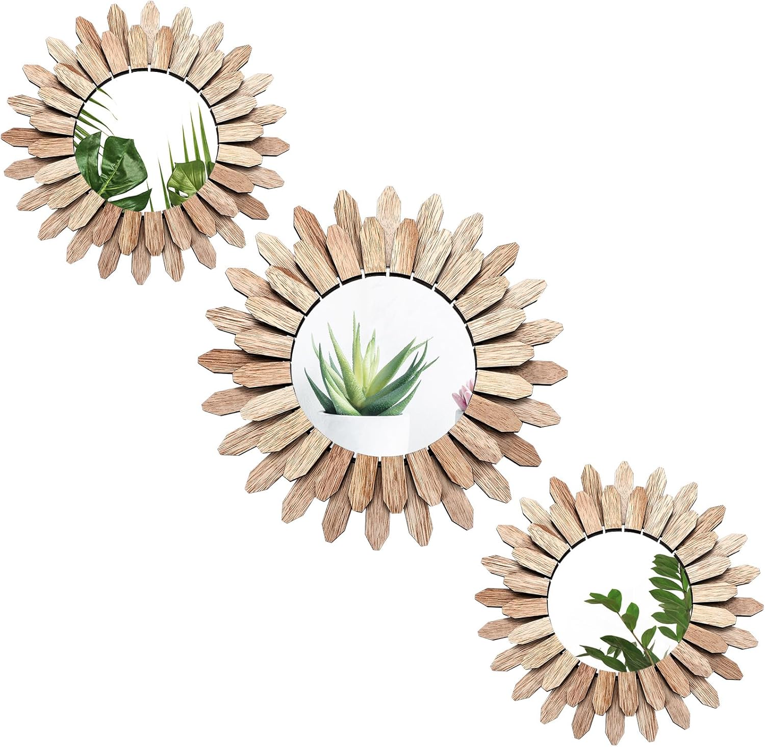 Fourluoo 3 Pack Gold Sunburst Flower Mirrors - Vintage Boho Wall Decor Hanging Art for Bedroom Bathroom Living Room