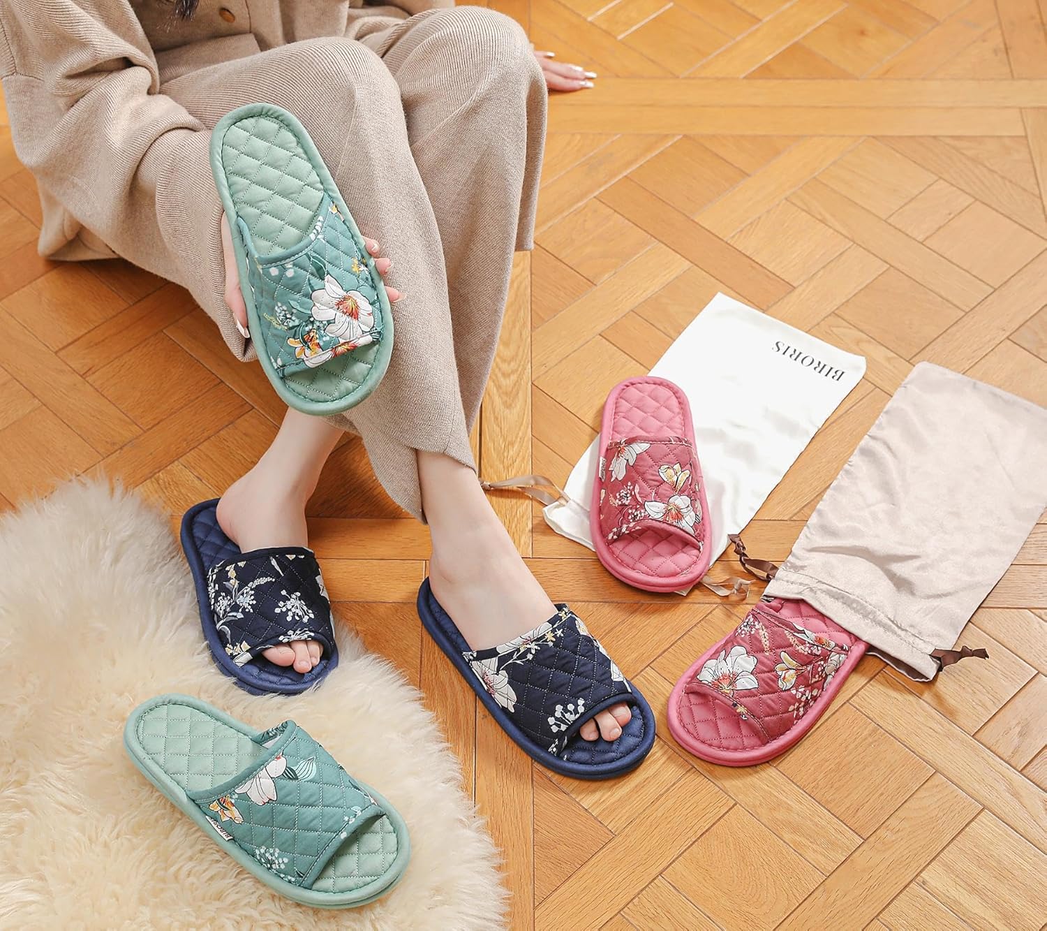3 Pairs Floral Cotton House Slippers for Women, Open Toe Indoor Slippers Comfortable Washable Portable Foldable Guest Travel Hotel Airplane Spa Slippers - Image 3