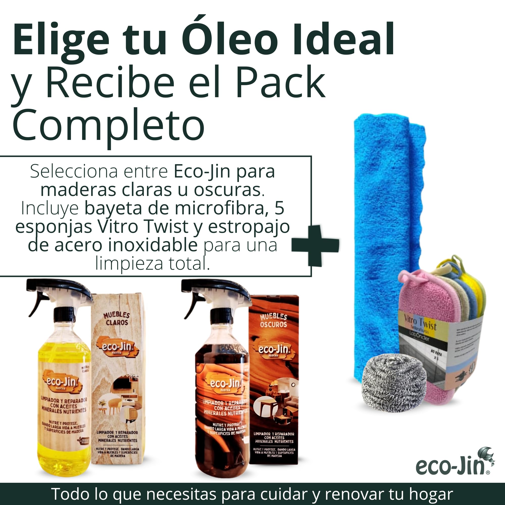 Eco-Jin Pack Oleo Madera Oscura | Bayeta Microfibra | Vitro Twist | Big Inox | Limpiador y Reparador con Aceites Naturales
