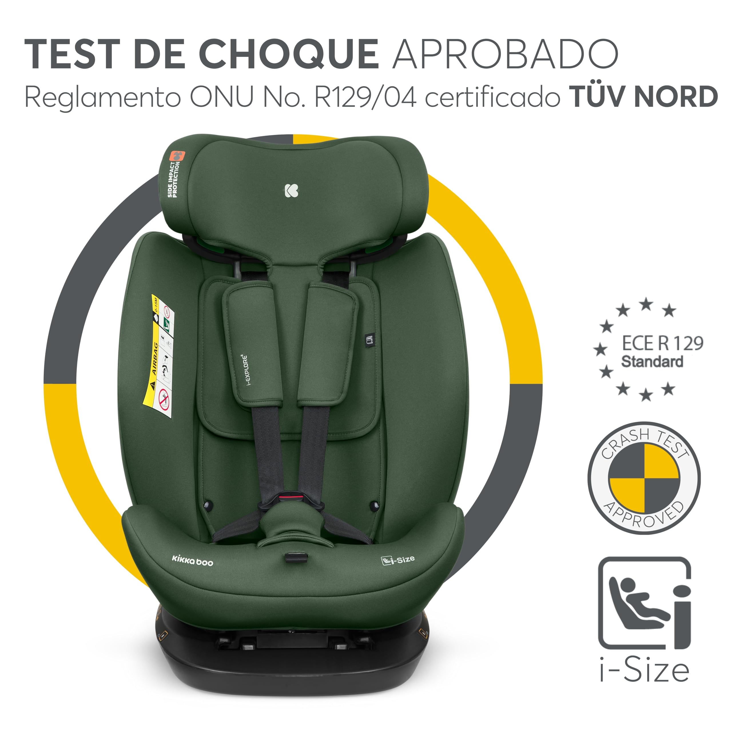 KikkaBoo Silla Coche Bebé i-EXPLORE 2, Grupo 0 1 2 3, i-Size 40-150 cm, Reclinable, 0-12 Años, Reposacabezas 14 Posiciones, Cojín y Arnés 5 Puntos, Army Green