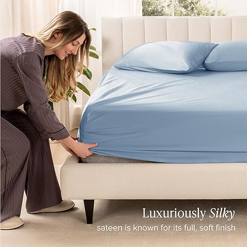 Miniatura 39 de Bare Home 100% Organic Cotton Sateen Fitted Sheet - Smooth Sateen Weave - Breathable & Cooling - Hotel Luxury - Durable Fitted Sheet - Deep Pocket