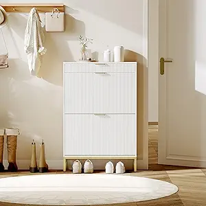 Garvee Fluted Shoe Storage Cabinet with 2 Flip Drawers, Slim Wood Shoe Organizer, Narrow Entryway Furniture with Storage for Small Spaces, Hallway Entrance Apartments, White