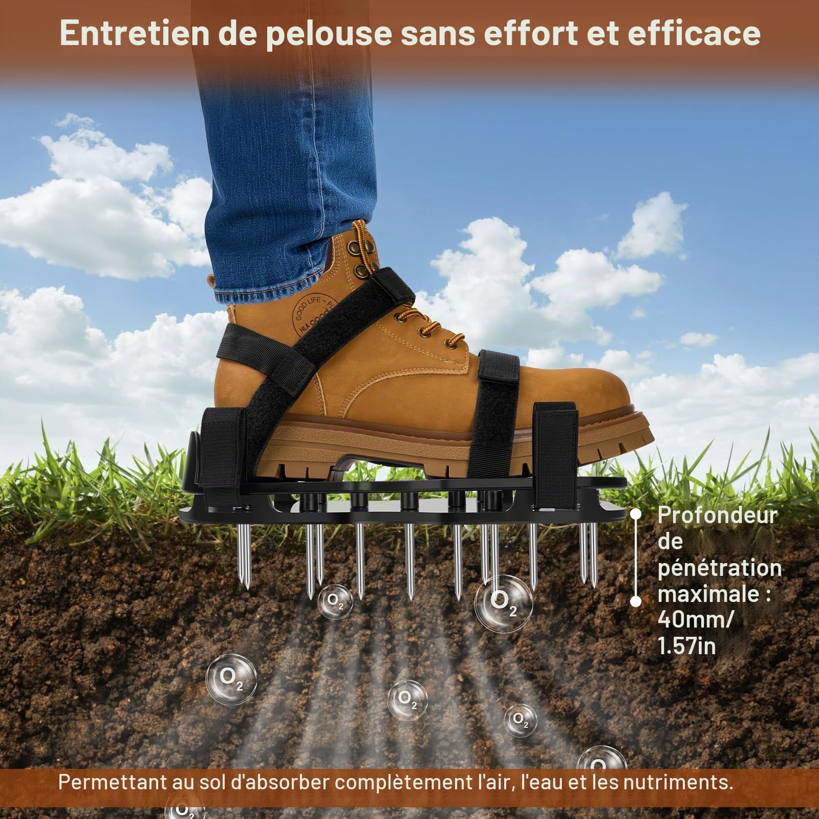 Aérateur Pelouse Chaussures, Scarificateur Gazon Préinstallés, Double Couche, Clous Longs et Sangles Réglage à Fermeture, Durables et Autonettoyantes pour Terrasses Jardin Sol Pelouses