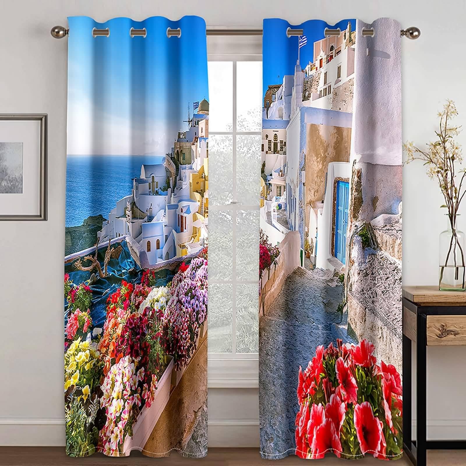 Gardinen Modern Wohnzimmer, 137x244cm Bunt Blumen am Meer Kälteschutz Verdunklungsvorhänge Ösen Thermal Curtains Blackout Vorhang