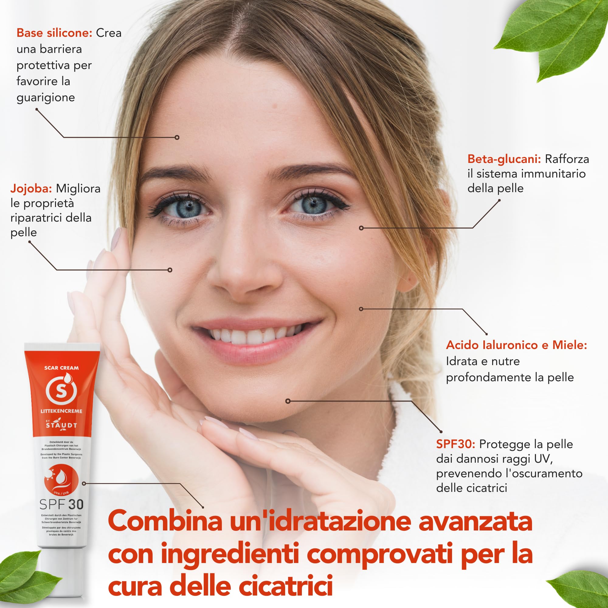Crema per Cicatrici Staudt Premium con SPF30 - Gel di Silicone Avanzato per Cicatrici Chirurgiche e Vecchie - Formula Idratante con Miele e Jojoba - Ripara la Barriera Cutanea con Protezione UV - 40ml