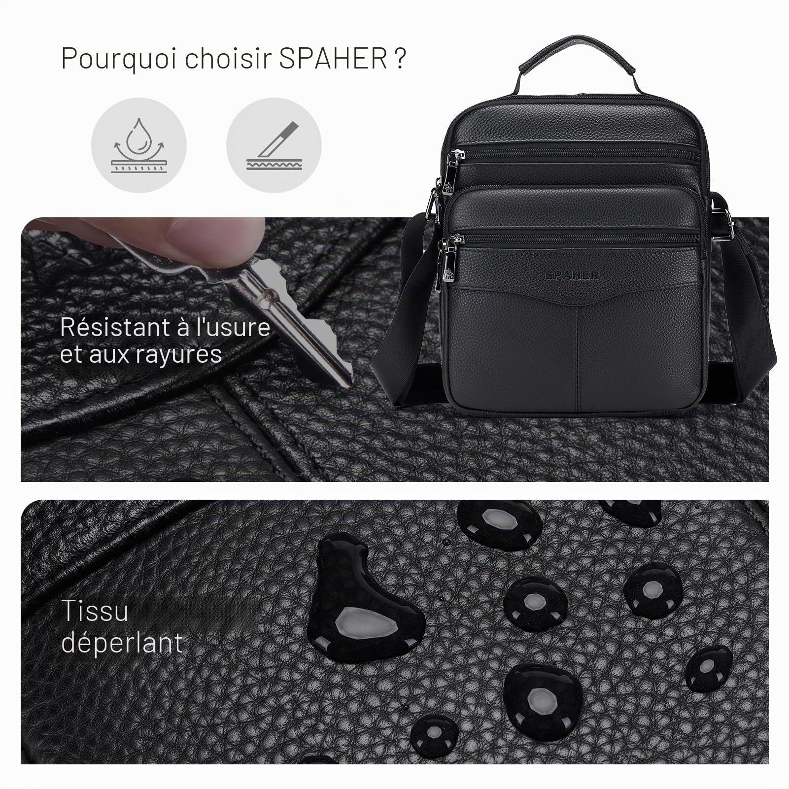 SPAHER Grand Sacoche Homme Bandouliere Cuir Sac porté Epaule en Cuir Homme Pochette Besaces Sac à Dos Sac de Messager Porte-Documents Sac Bandoulière Cartable Crossbody Sac à Main