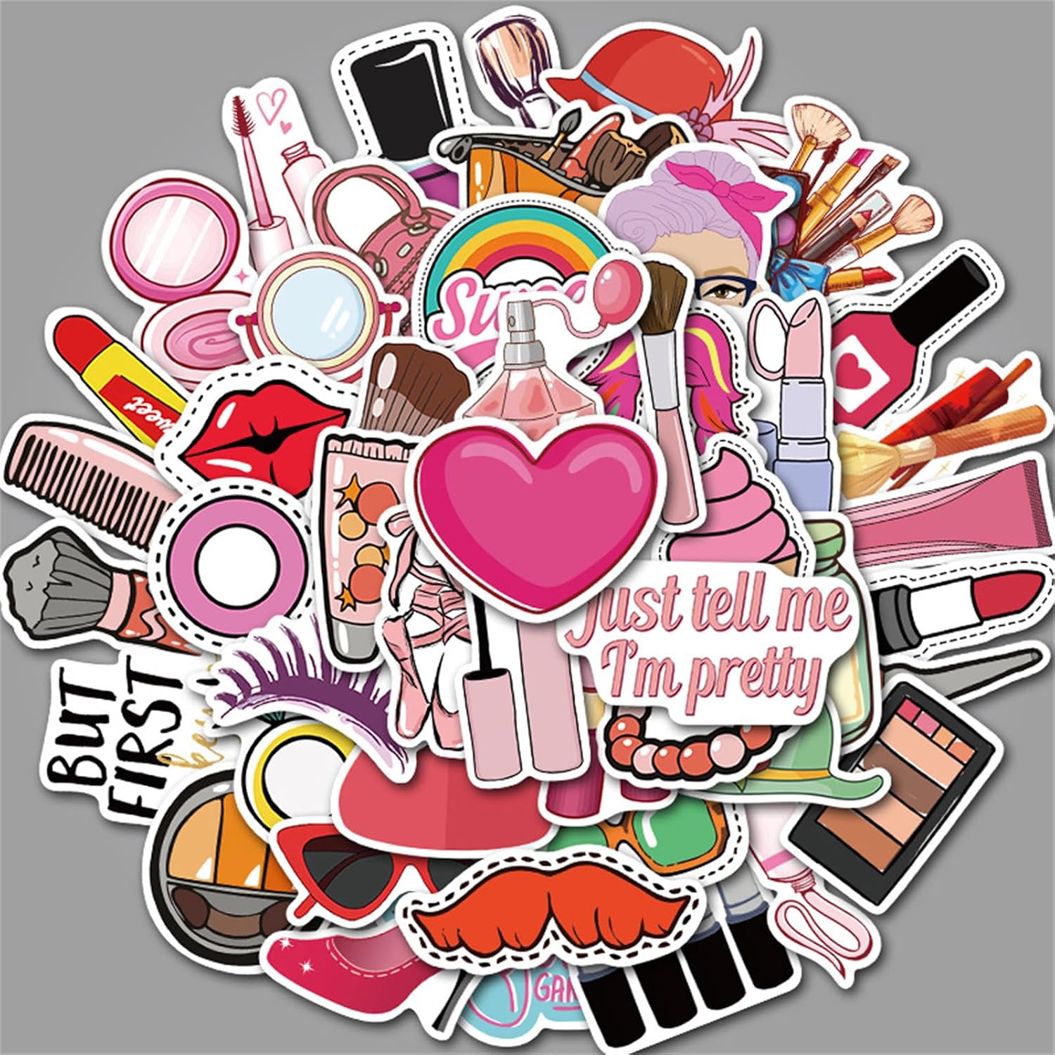 50PCS Funny Lady Makeup Tool Stickers Mixed Different Lipstick Cosmetic Mirror Sticker for Girl Kids Laptop Skateboard Toy Stickers,Water Bottles,Computer,Phone, for Kids,Teens,Adult(Colourful-7)