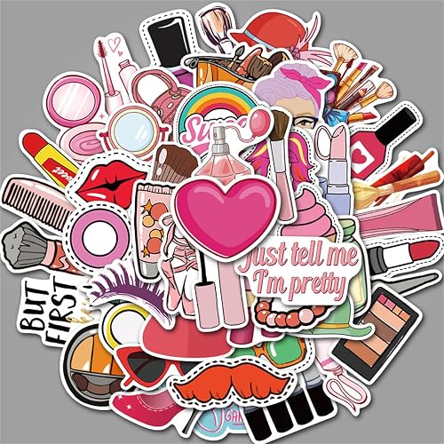 50PCS Funny Lady Makeup Tool Stickers Mixed Different Lipstick Cosmetic Mirror Sticker for Girl Kids Laptop Skateboard Toy Stickers,Water Bottles,Computer,Phone, for Kids,Teens,Adult(Colourful-7)