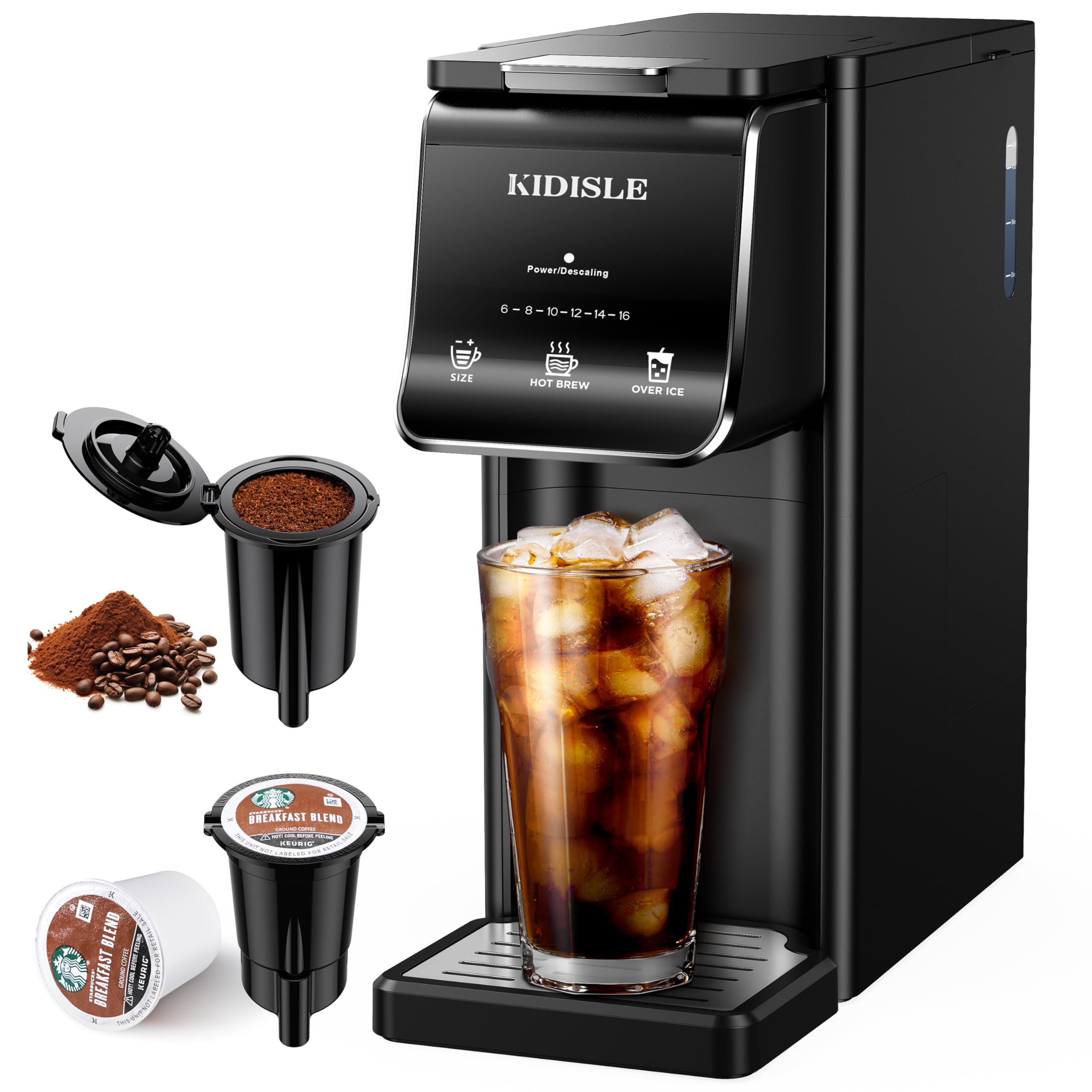 Single Serve Coffee Maker Hot Iced K Cup Ground Compatible Reusable Pod Filter 6 16oz Brew Sizes 40oz