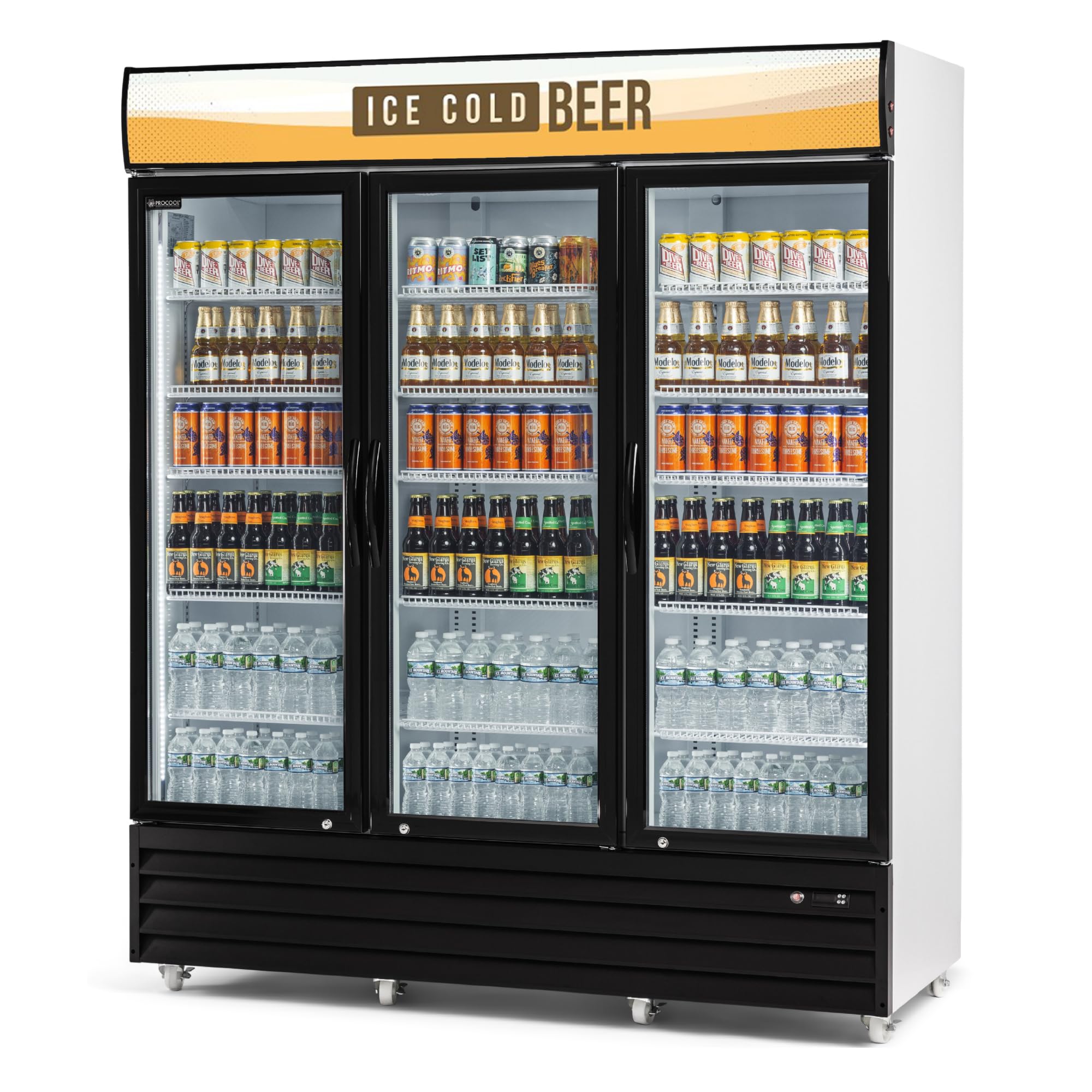 Procool White Display Refrigerator, 53 CuFt, 3 Door, Ice Cold Beer Sign