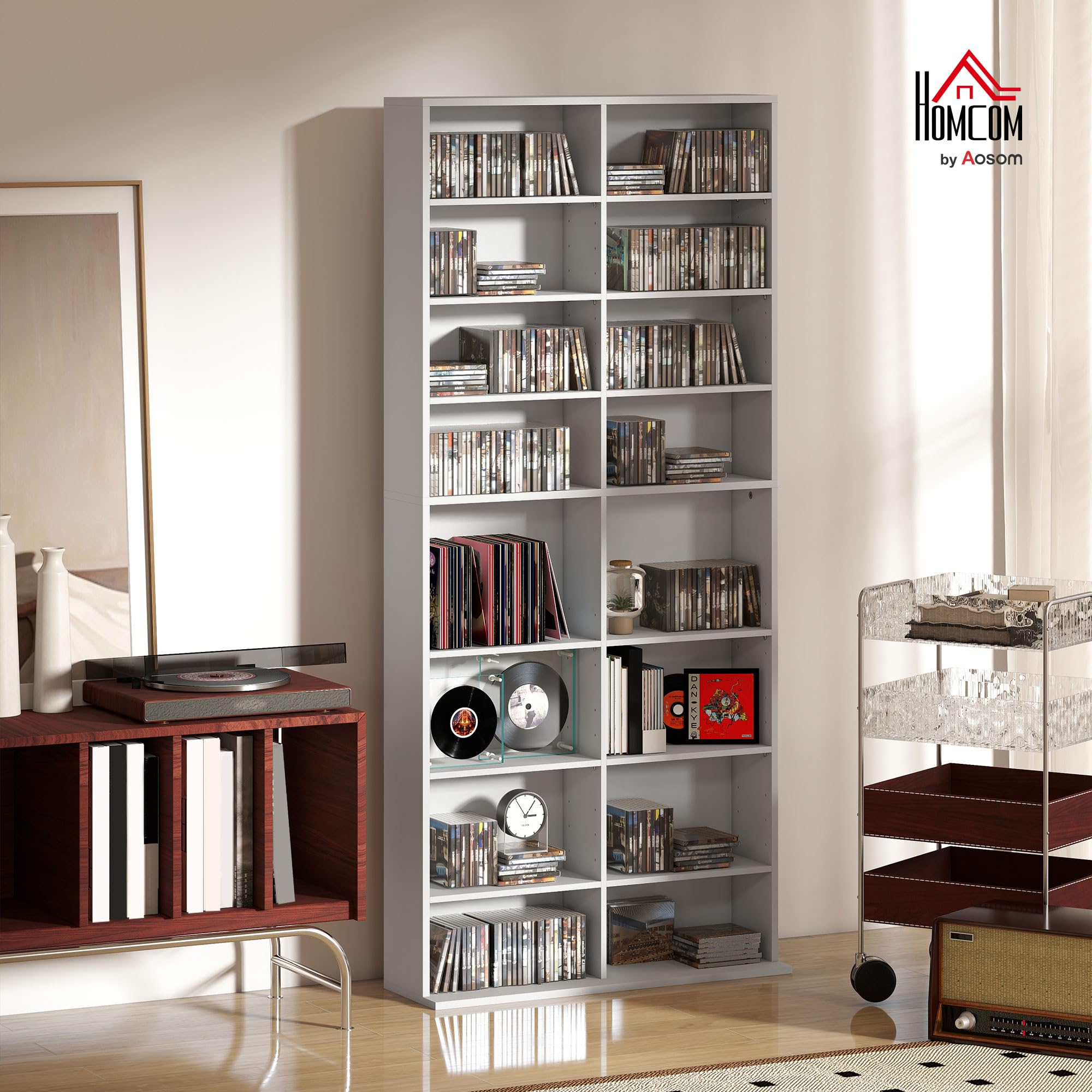 HOMCOM Mobile Porta CD con 14 Ripiani Regolabili, Scaffale Porta 640 CD/360 DVD/430 Blu-ray Salvaspazio, Mobile Portacd con 18 Scomparti, per Soggiorno, Camera da Letto, Ufficio, 78.5x24x175cm, Bianco