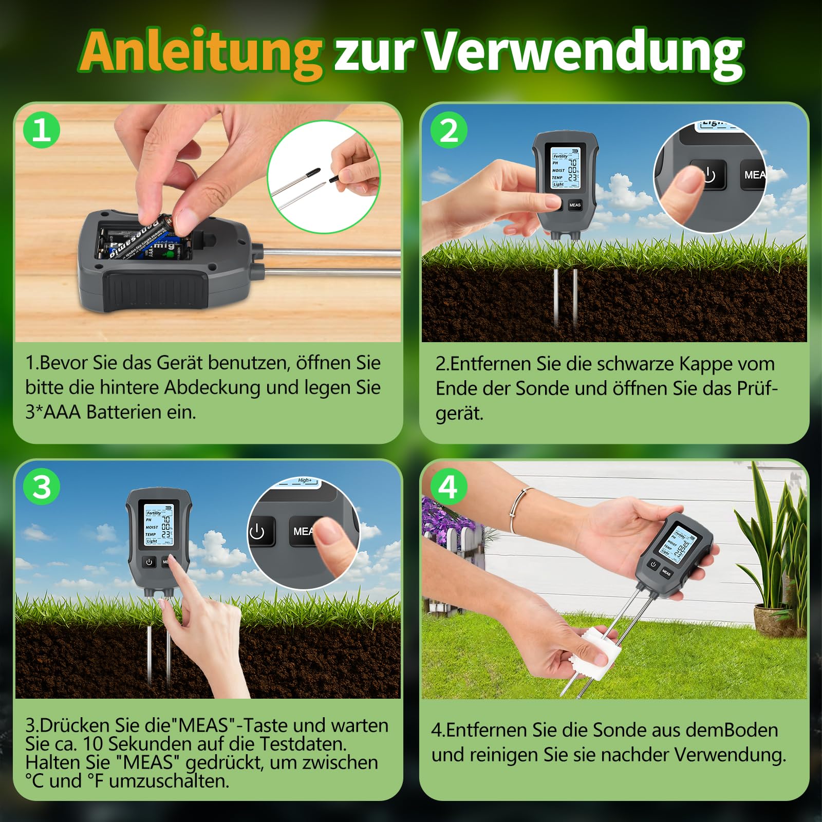 Heemol Misuratore di PH 5 in 1, Tester Multifunzione per fertilità, PH, umidità, Temperatura, Luce, misuratore di Terreno ad Alta precisione per Giardini, Piante e Piante d'appartamento