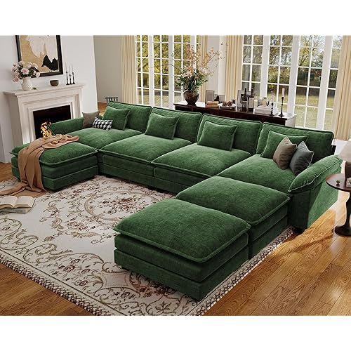 CDCASA 154" Oversized Modular Sectional Sofa, Comfy U-Shaped Cloud Couch w/ 3 Movable Ottoman, 7-Seater Chenille Deep Seat Modern Sofa Couch for Living Room, DIY Combination, Green