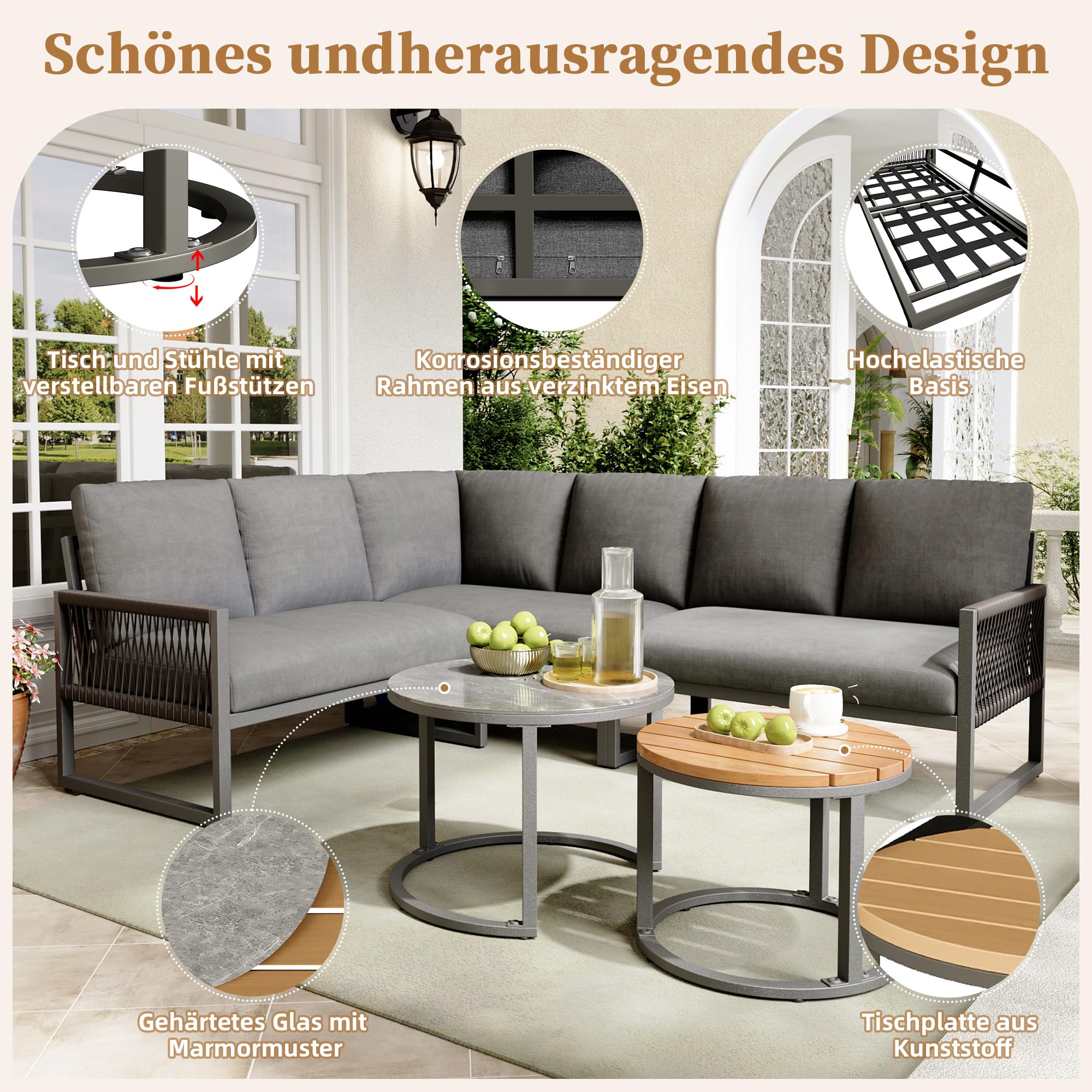 Soweiz Set di mobili da giardino per 6-7 persone divano ad angolo ferro zincato gambe regolabili cuscini seduta schiena 123x68x86 cm