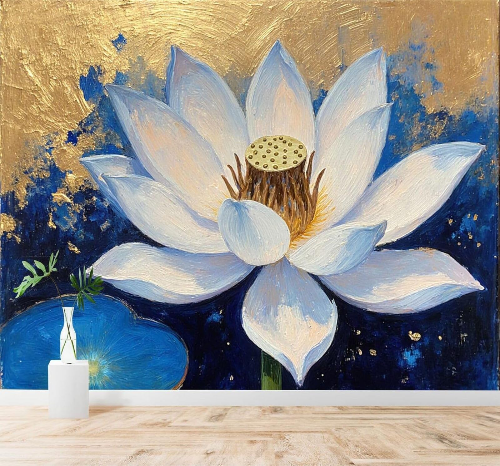 Tzxztt 150Cm×105Cm(B×H) White Lotus Abstract Graffiti Gold Blue Modern 3D Wallpaper Premium Textured Silk Neutral Tones Material Ideal For Living Room Bedroom-150Cm×105Cm