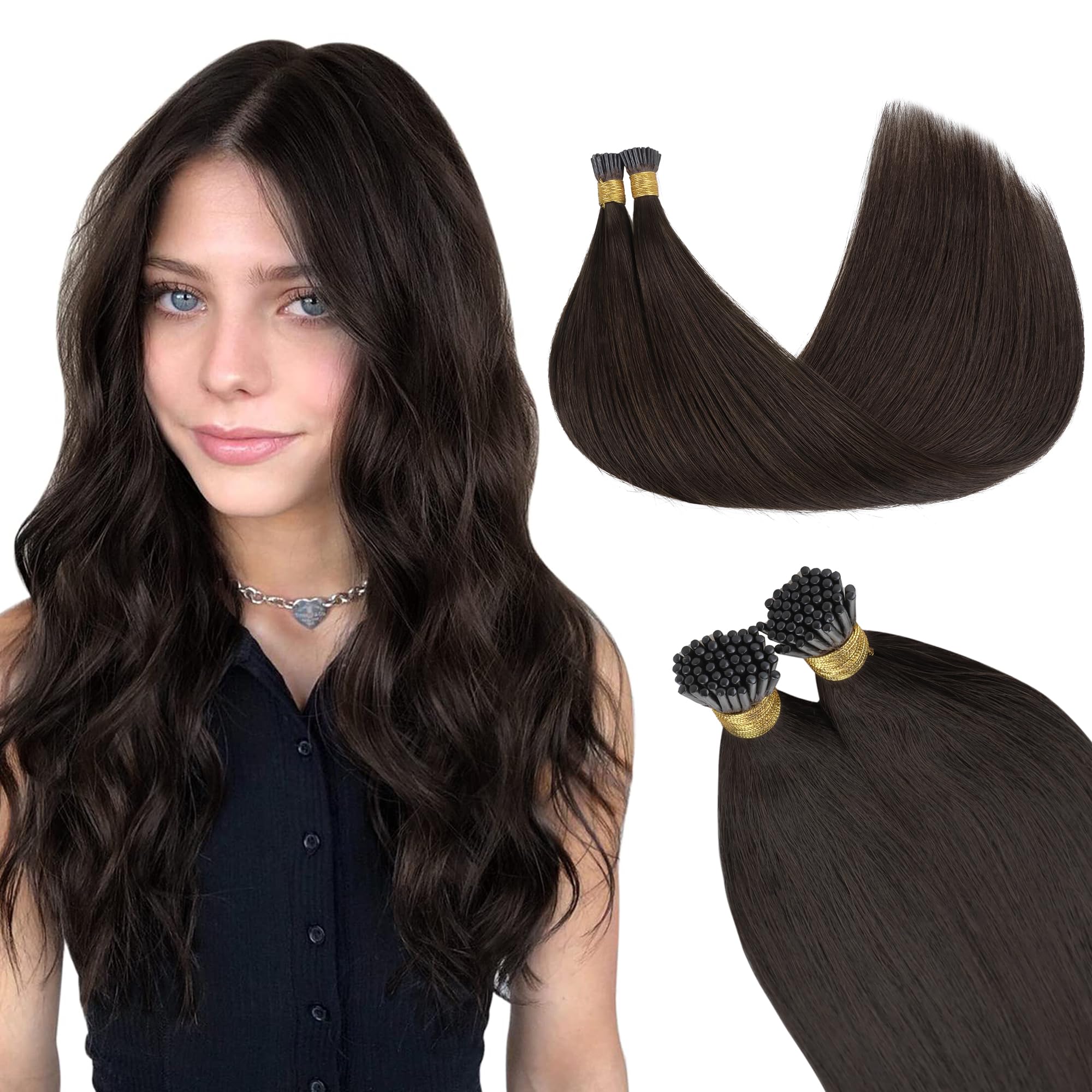 GOO GOO I Tip Hair Extensions Real Human Hair, Light Brown 50g 50 Strands 20inch Cold Fusion I Tip Hair Extensions