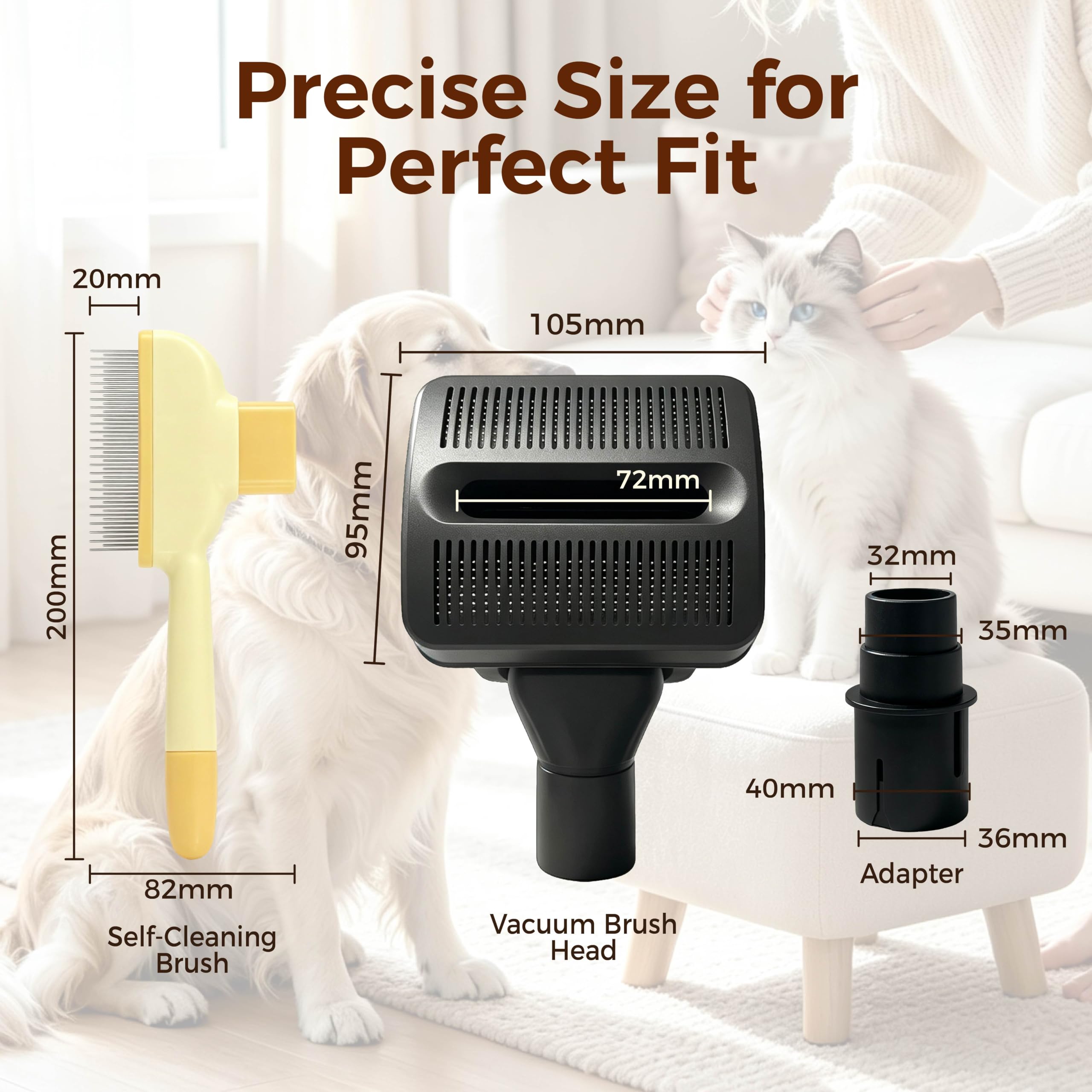 Brosse d'aspirateur de toilettage pour animaux de compagnie | Peigne lissant autonettoyant avec adaptateur compact de 78 mm pour l'entretien du pelage en deux étapes