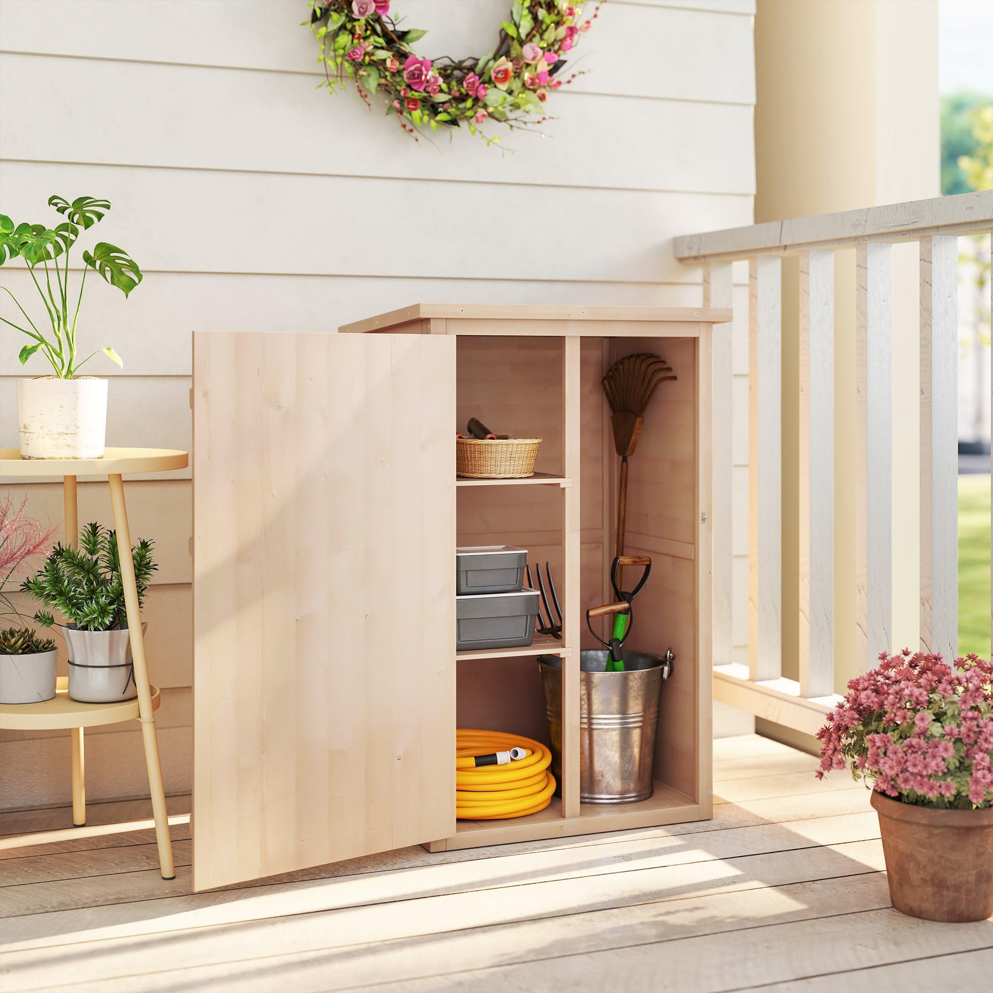 Outsunny Caseta de Jardín de Madera 75x56x115 cm Armario Cobertizo de Exterior para Herramientas con 3 Estantes Interiores Puerta con Pestillo y Techo Asfáltico Natural