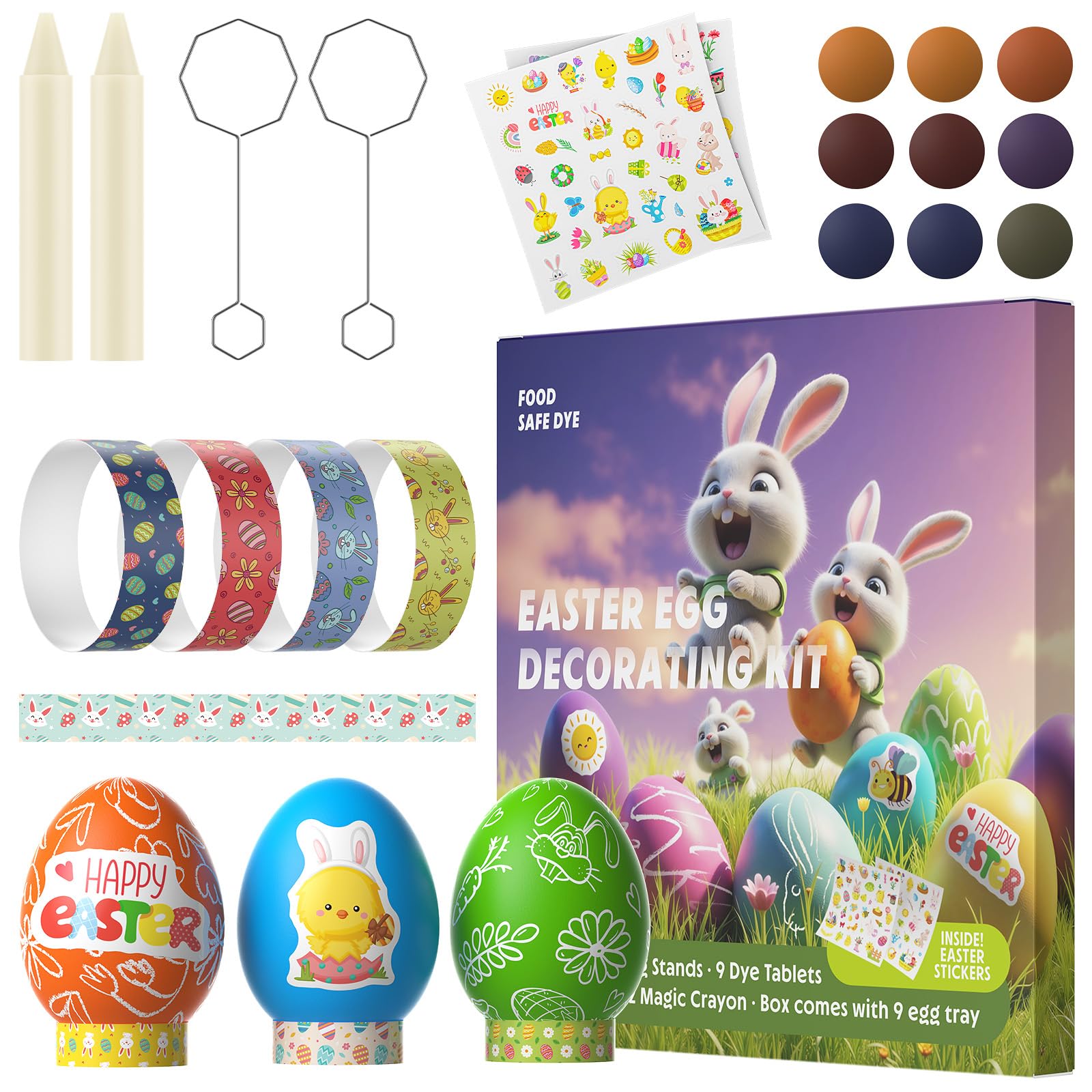 Easter Egg Decorating Kit with 2 Piece Stickers, Magic Crayons & Egg Stands | DIY Easter Crafts Non-Toxic Edible Dye for Easter Party Supplies,9 Colors Food Coloring Dye for Eggs