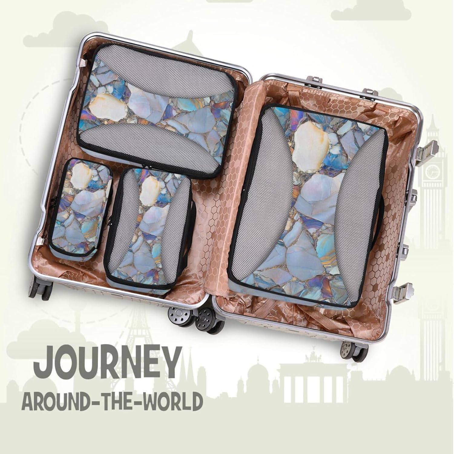 Marble Stones Vivid 4 Pcs set organizers and storage Mesh Travel Essentials expandable compression packing cubes travel