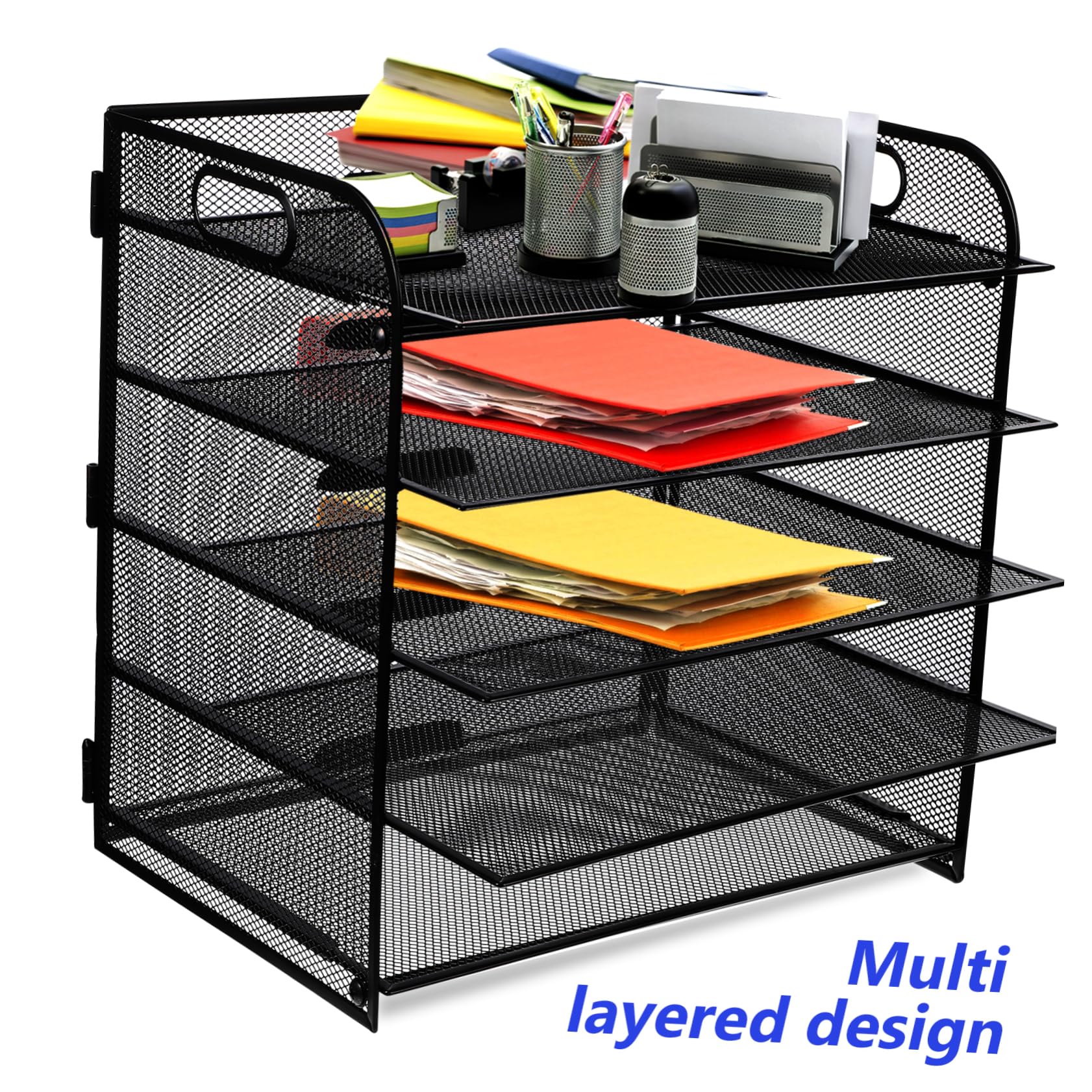 PLAFOPE Portadocumenti Design a Rete Organizzatore da Tavolo Nero in Acciaio al Carbonio a 5 Livelli Facile da Trasportare, per Ufficio e Scrivania Desktop