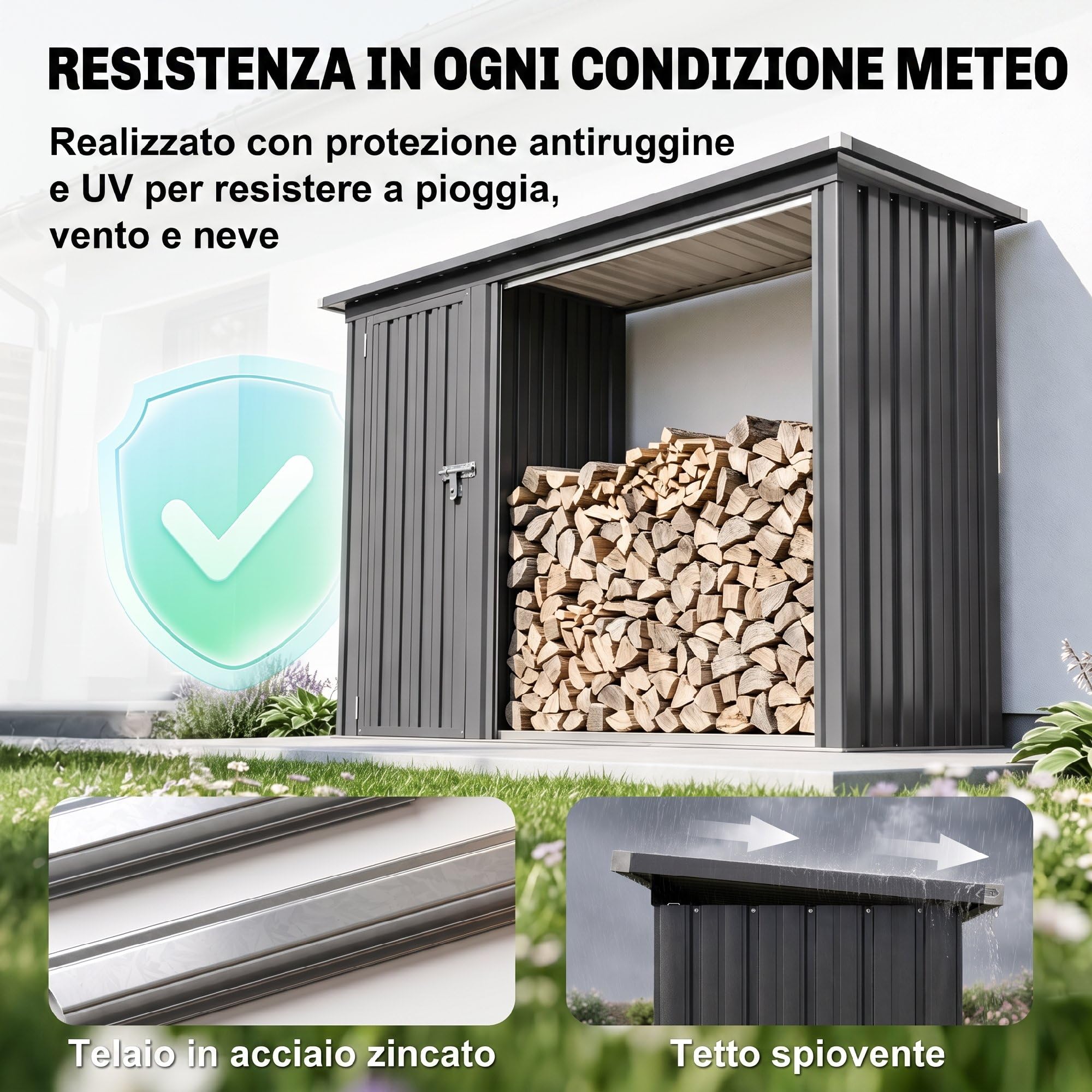 Outsunny Portalegna da Esterno 2 in 1 1.26 m² con Tetto inclinato Grigio | Armadietto Porta Attrezzi, Legnaia da Esterno in Acciaio Zincato, Capanno Casetta Porta Legna